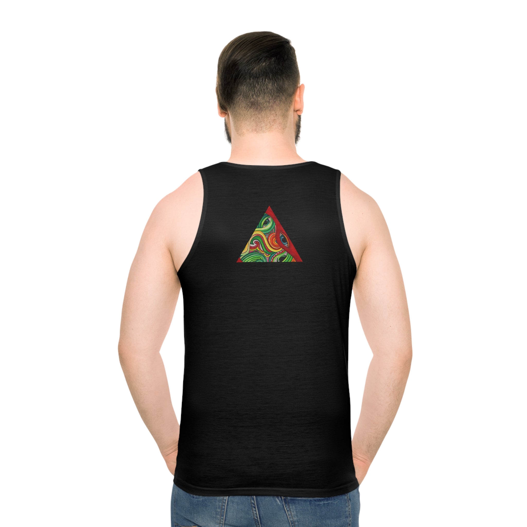 Psychedelic Triangle Pattern Tank Top — Black All-Over Print #kh97535