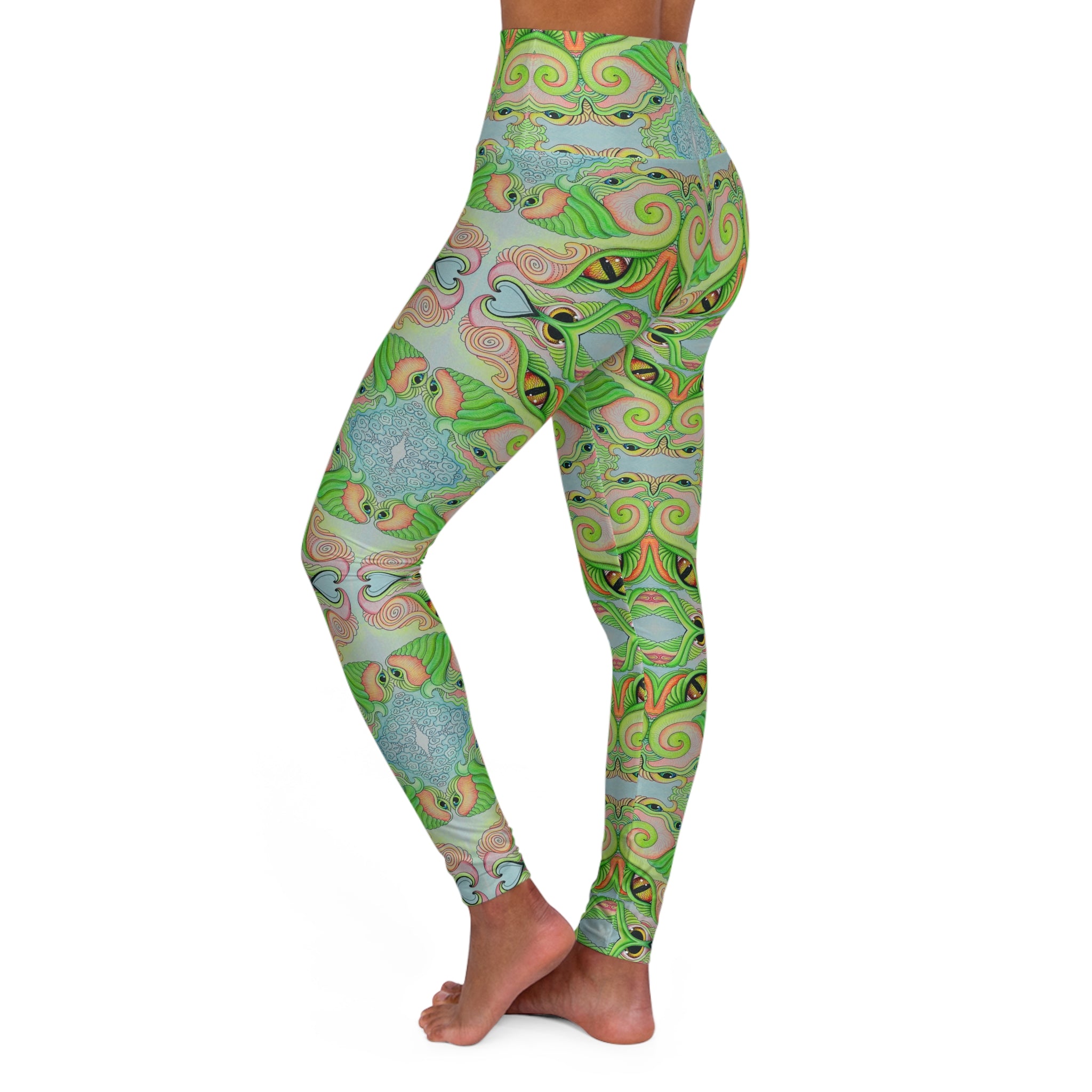 Green Psychedelic Swirl High-Waist Yoga Leggings #dgcv22679