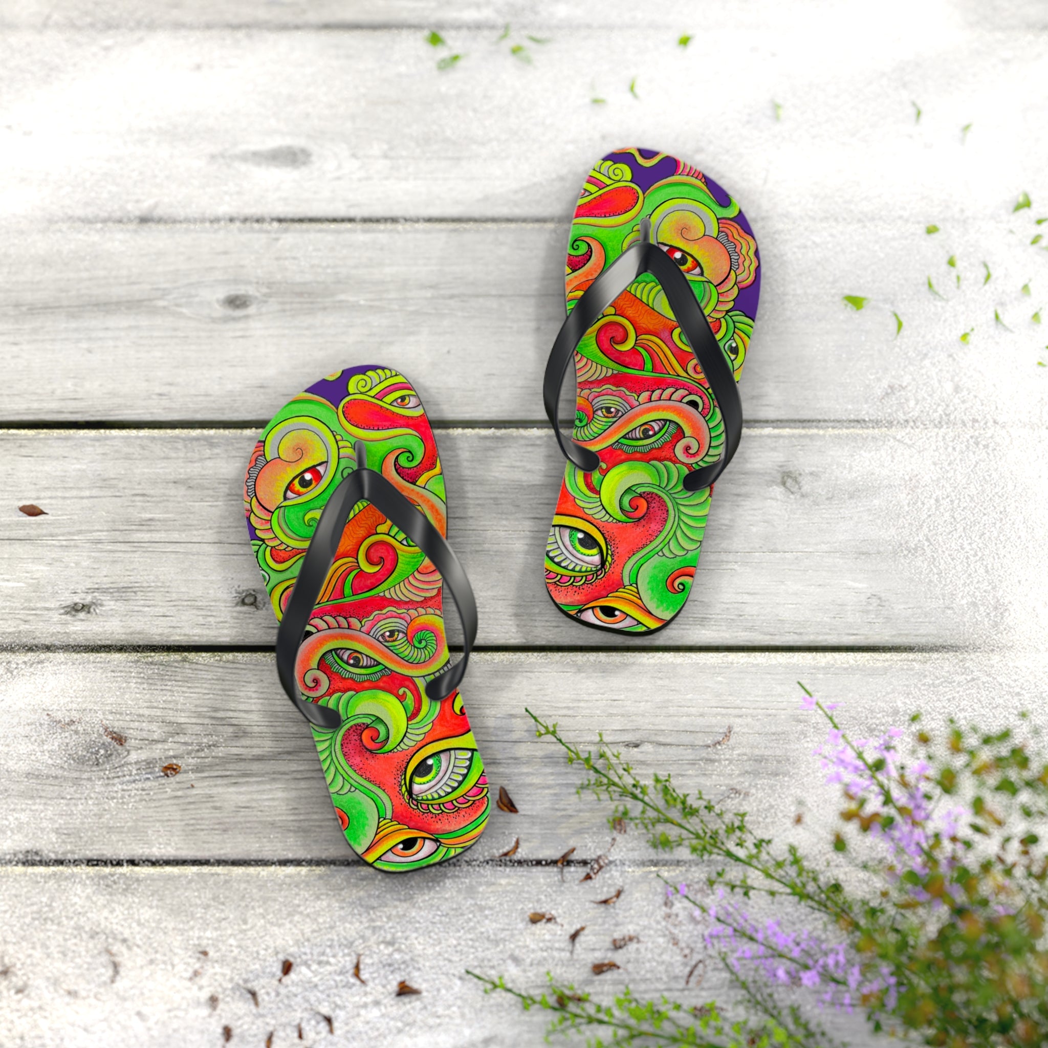 Psychedelic Eye Pattern Flip Flops — Colorful Trippy Summer Sandals #s873455211