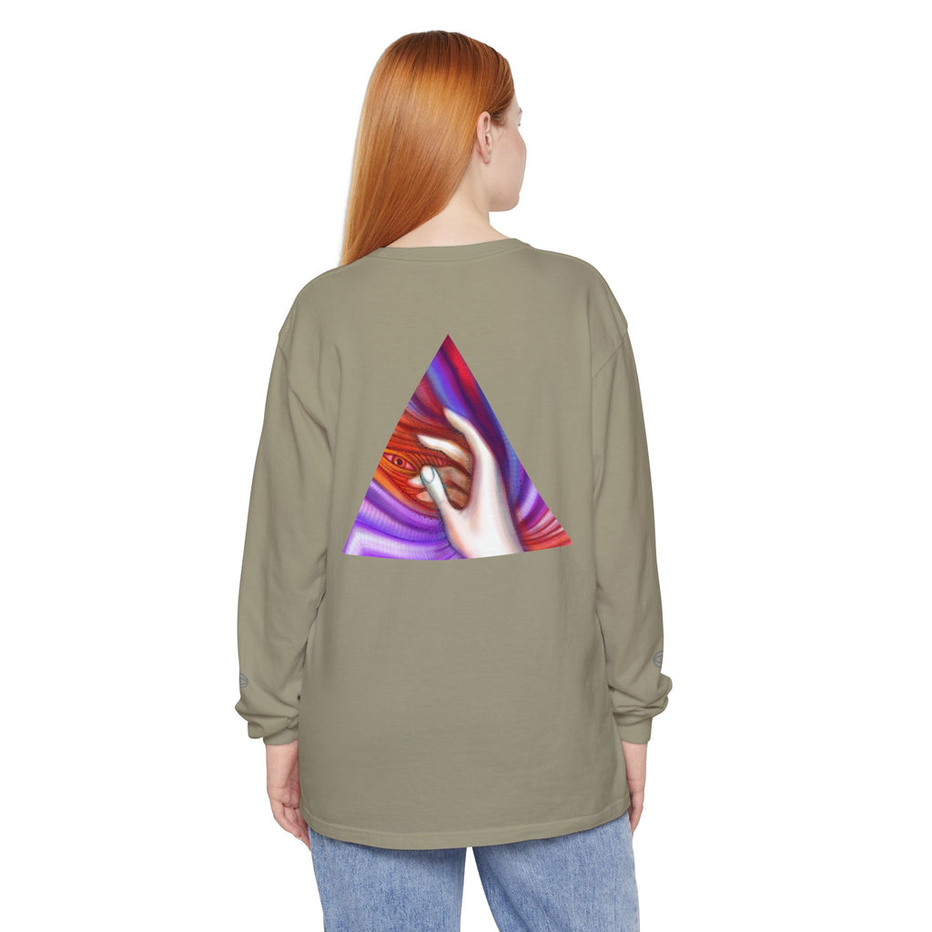 Long Sleeve T-Shirt — Triangular Hand Art Graphic (White) #sh26774