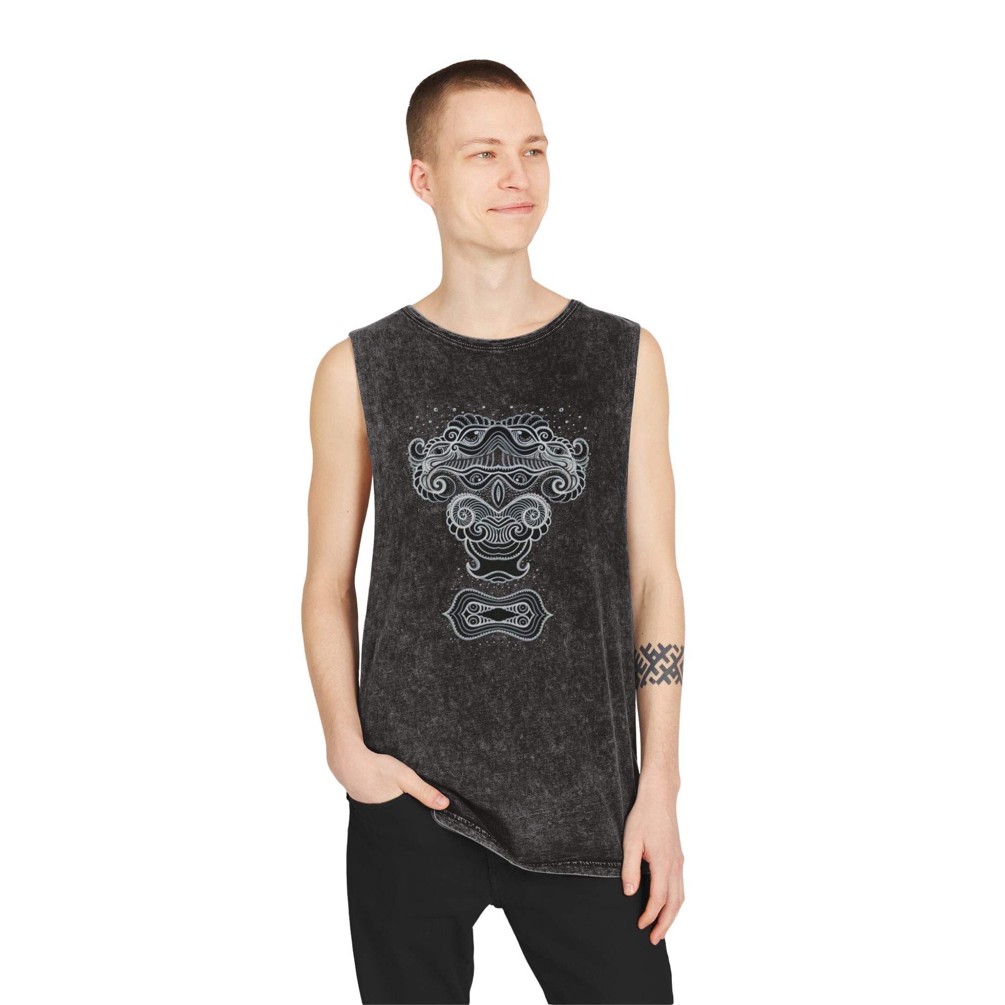 Stonewash Tank Top with Intricate Celtic Knotwork Design — Vintage Tribal Graphic #d33211