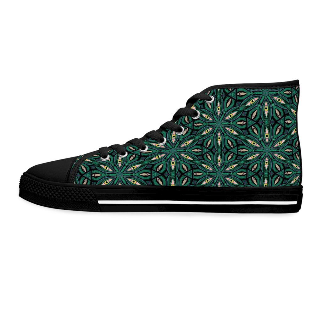Green Floral Kaleidoscope High Top Sneakers — Women's Patterned Canvas Shoes #jfs8843