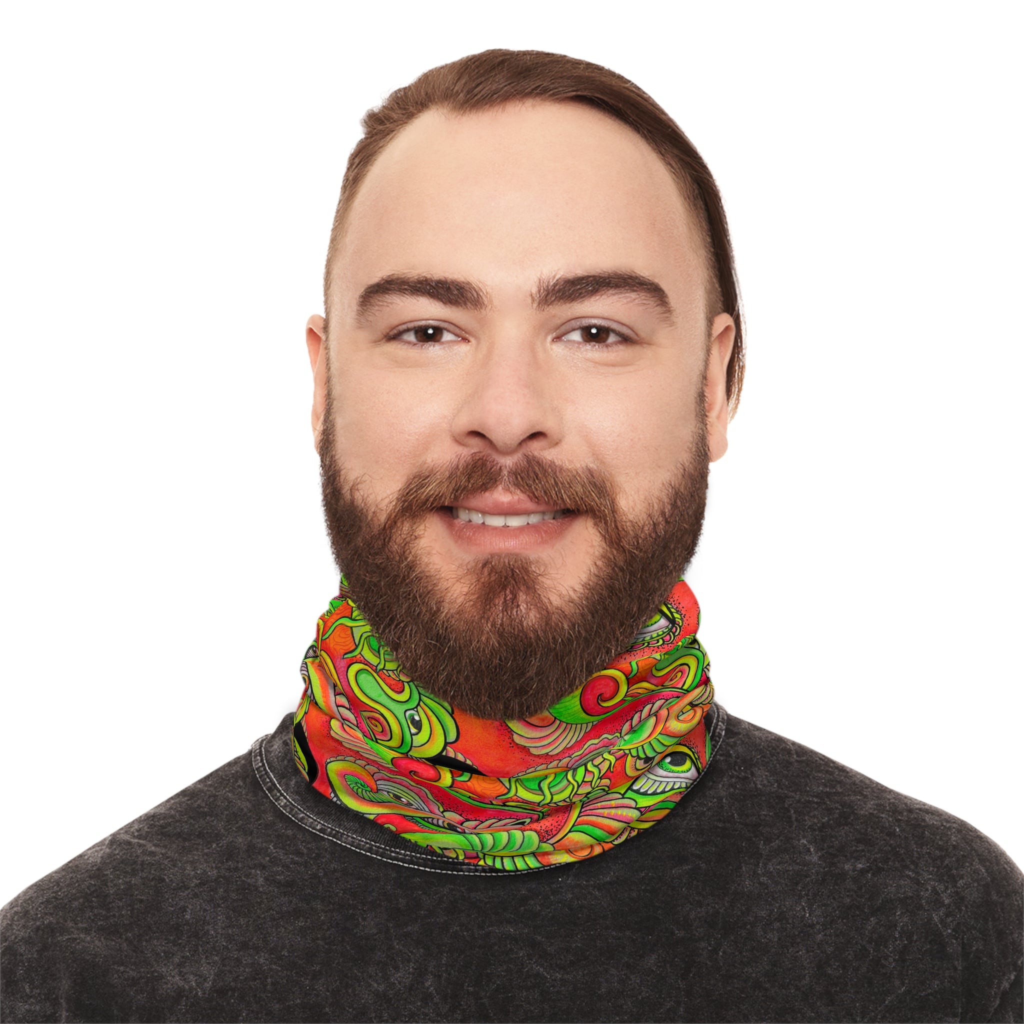 Psychedelic Paisley Winter Neck Gaiter with Drawstring — Bright Green & Orange Thermal Face Warmer #ew865479900