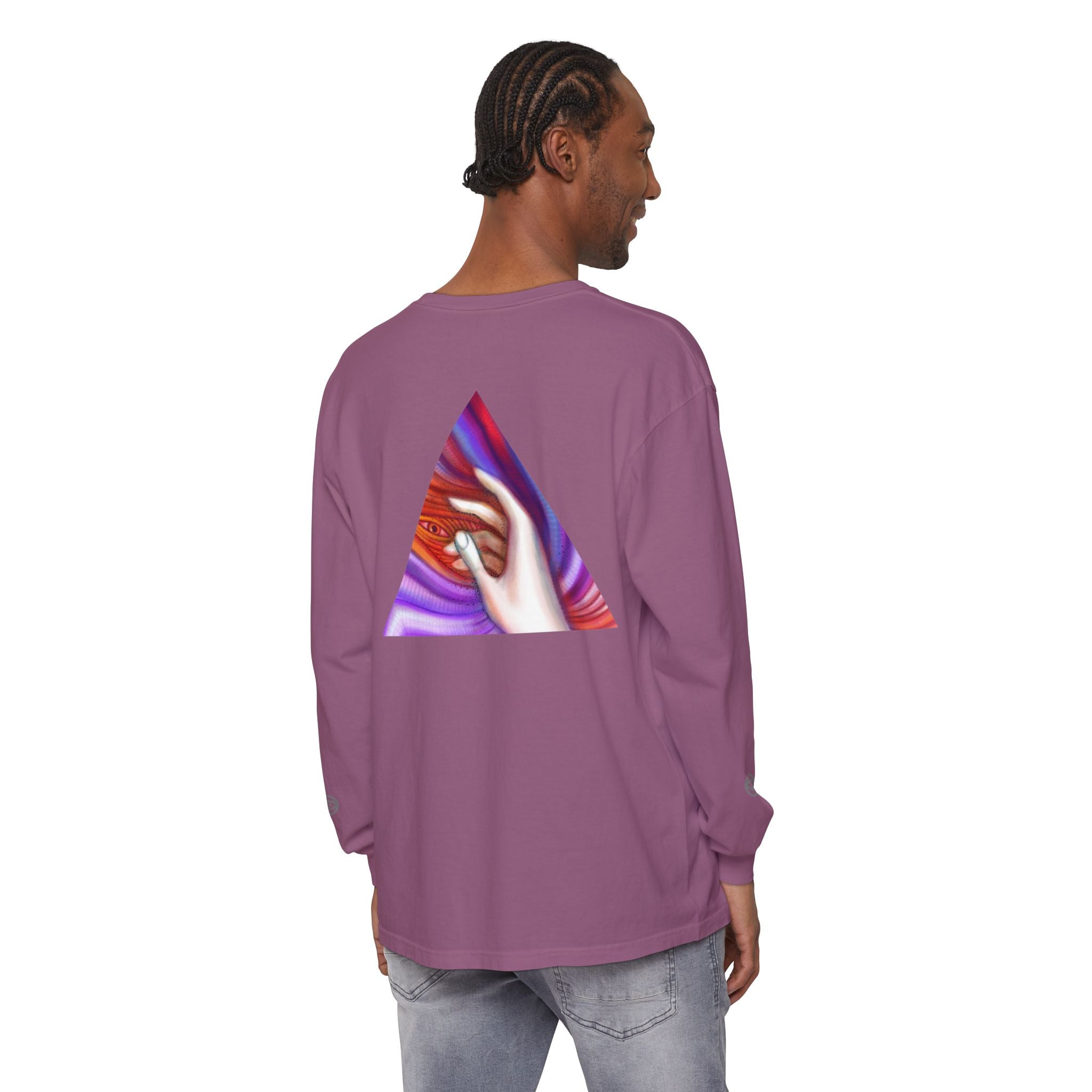 Long Sleeve T-Shirt — Triangular Hand Art Graphic (White) #sh26774