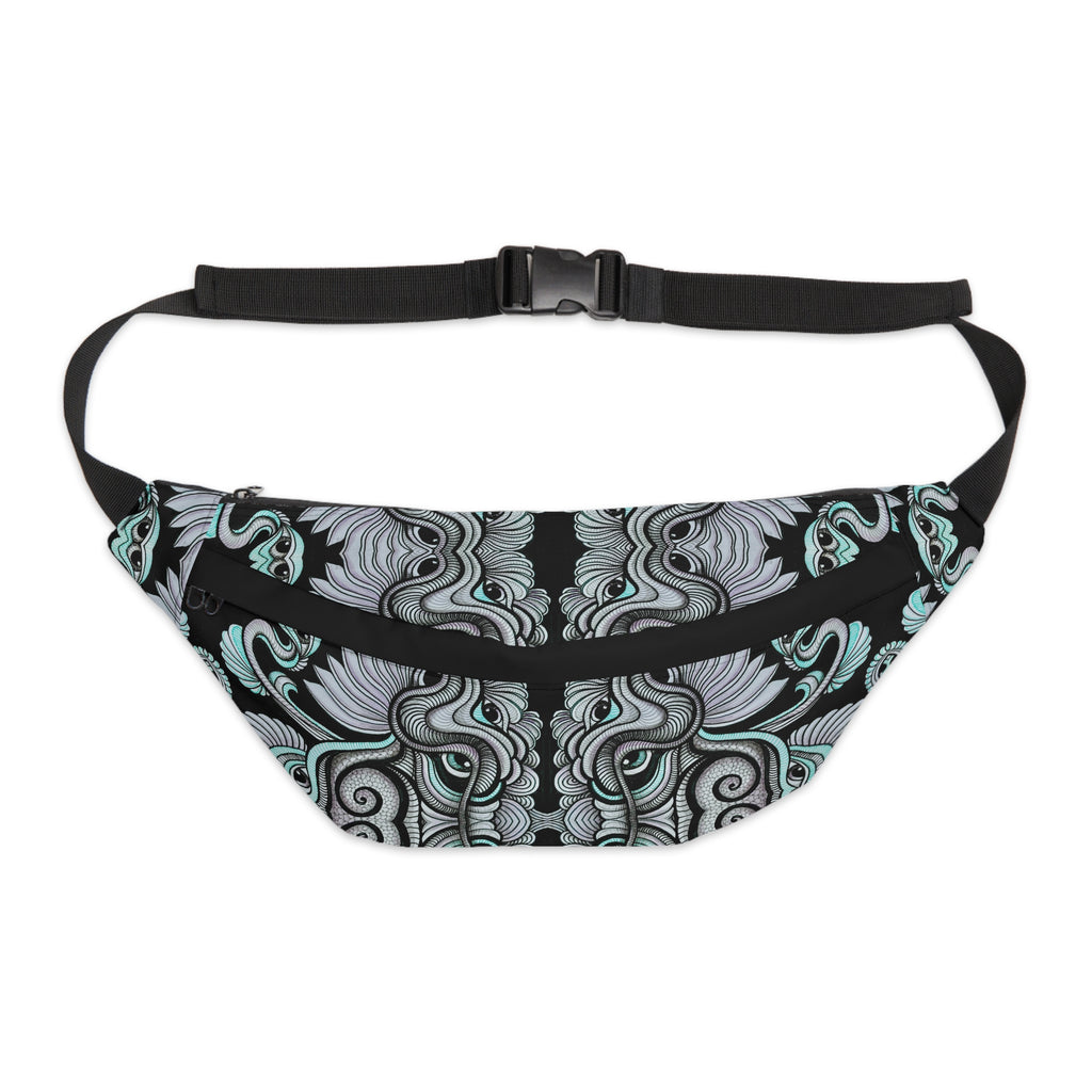 Large Fanny Pack — Black & Teal Ornate Pattern Waist Bag #wp23