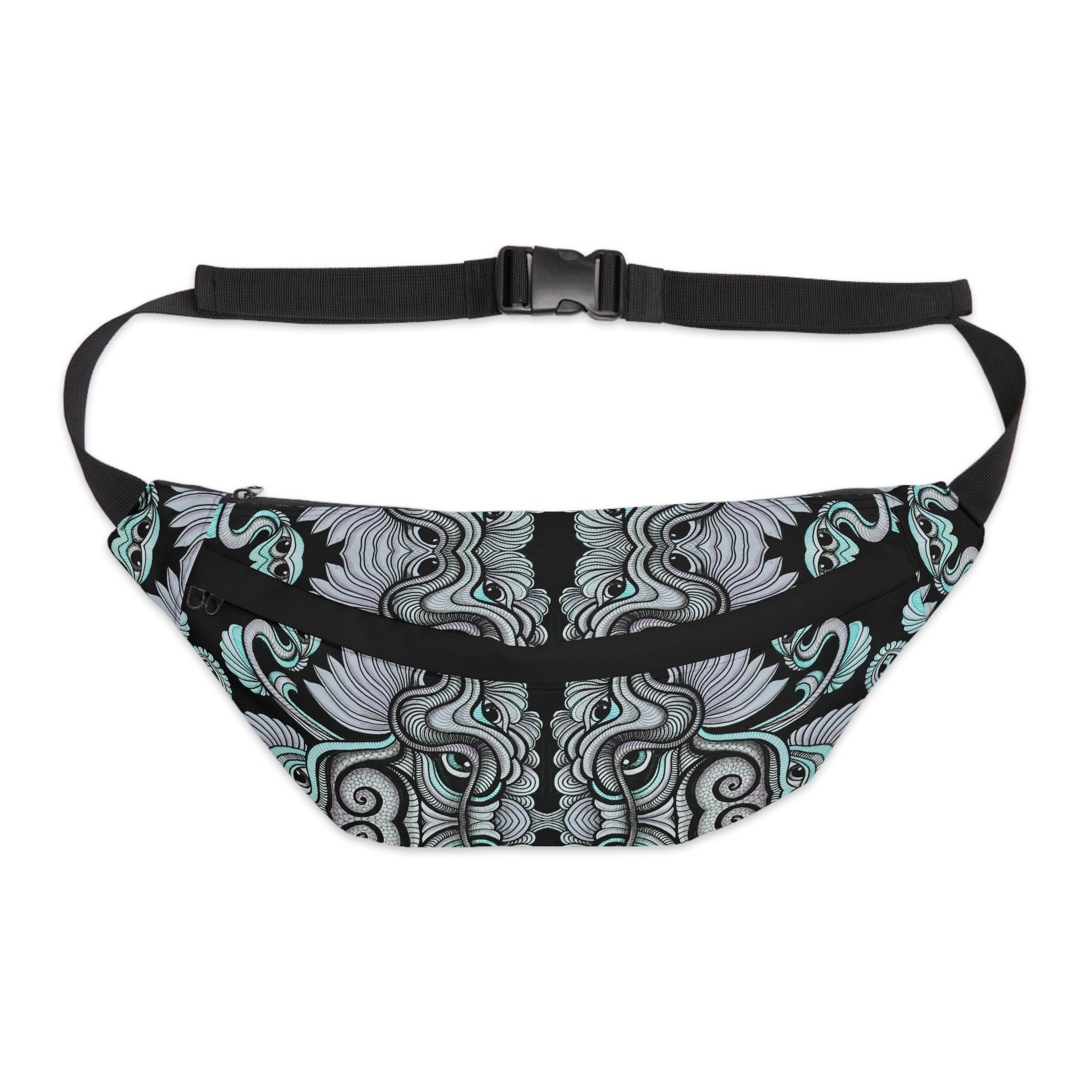 Large Fanny Pack — Black & Teal Ornate Pattern Waist Bag #wp23