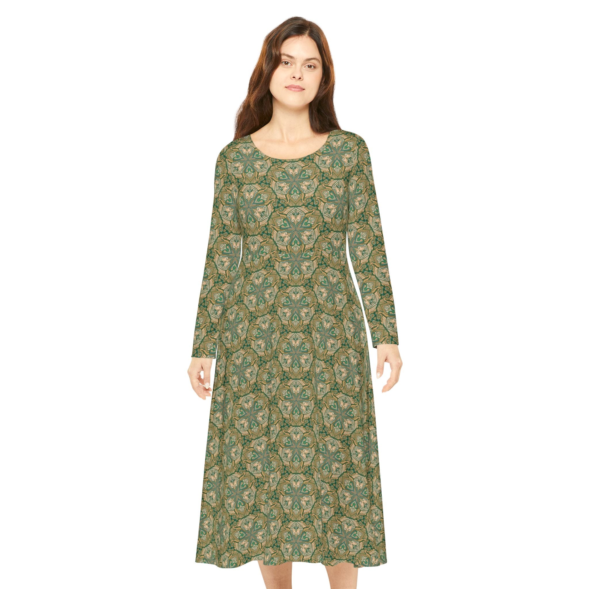 Green Vintage Floral Long Sleeve Dance Dress — All-Over Print #gh8420