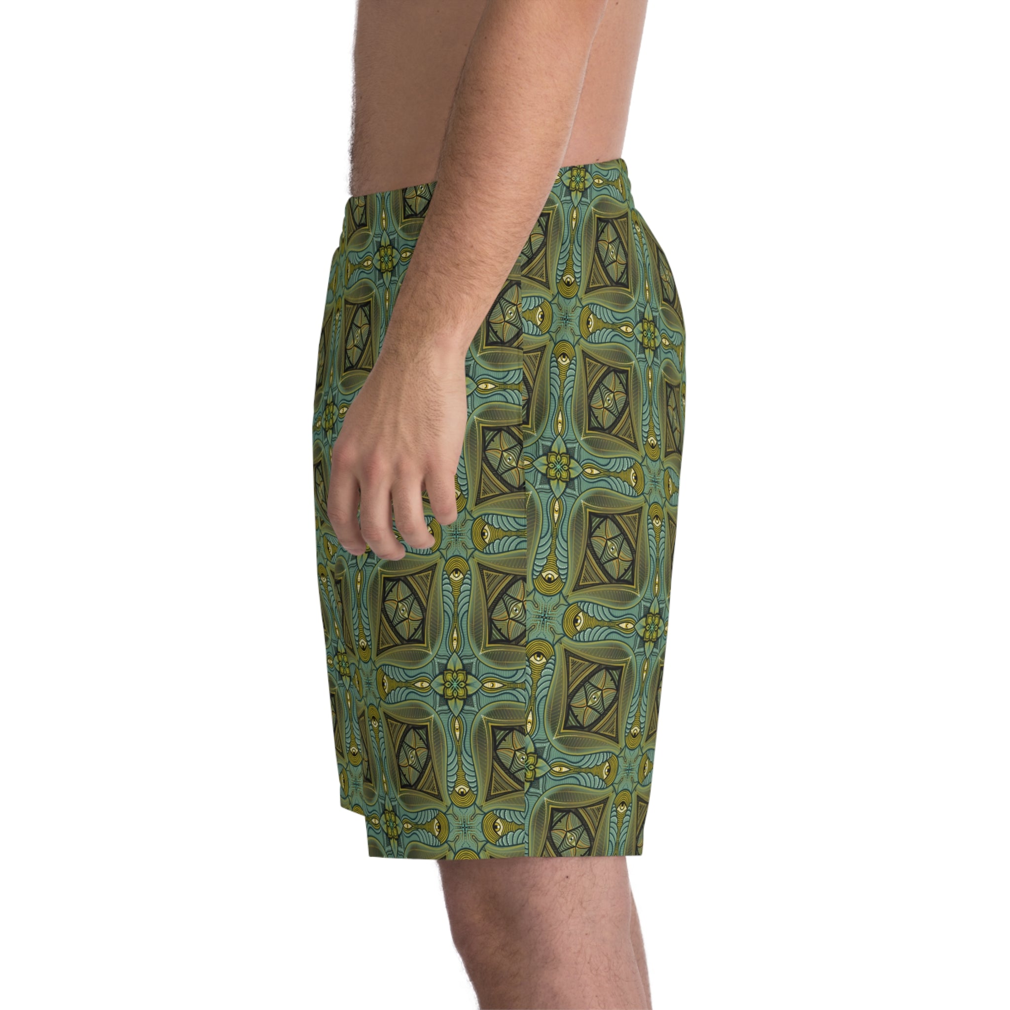 Men's Patterned Beach Shorts — Olive Geometric Kaleidoscope Print #h8764789