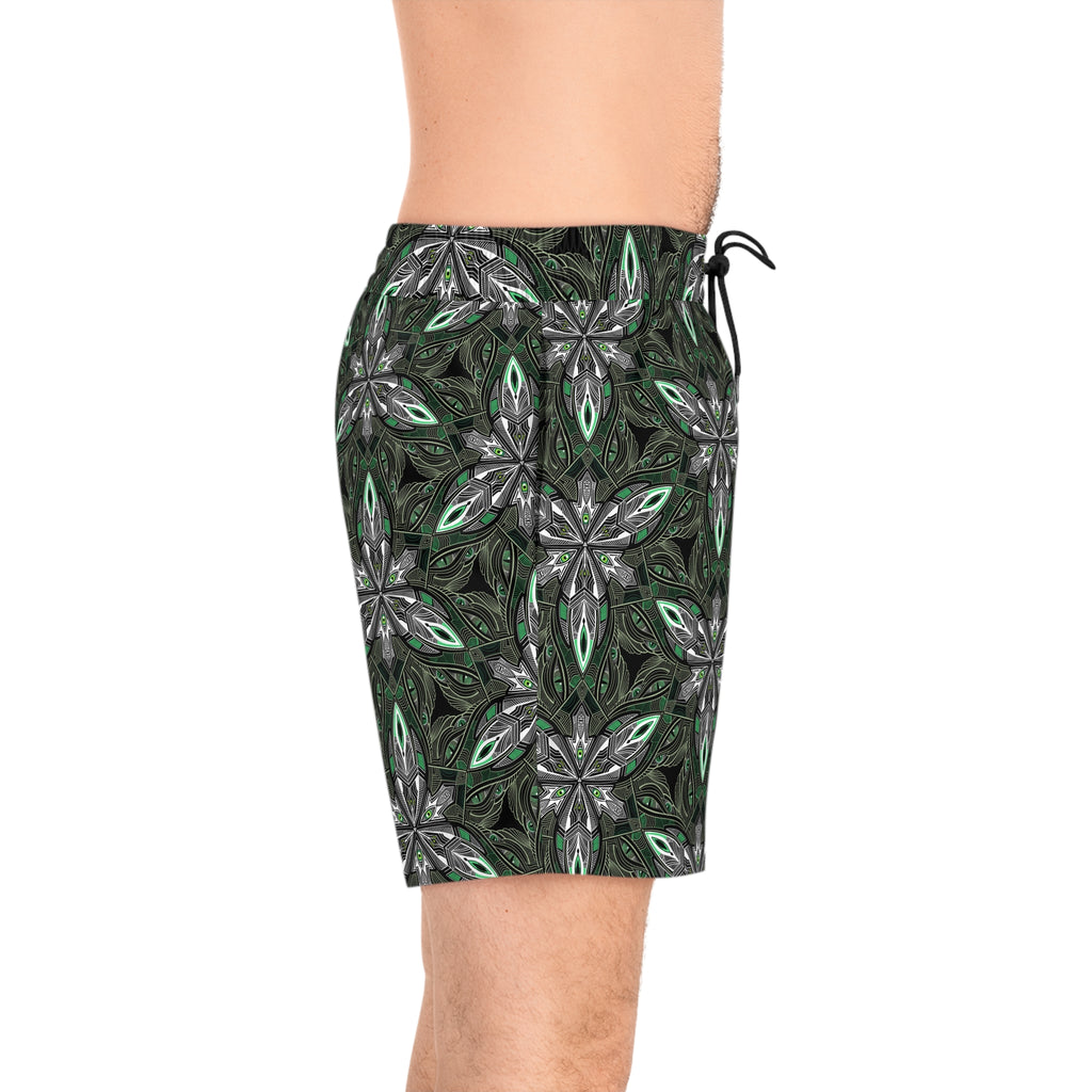 Green Kaleidoscope Swim Shorts — Men's Mid-Length Patterned Beach Trunks. #gd753987