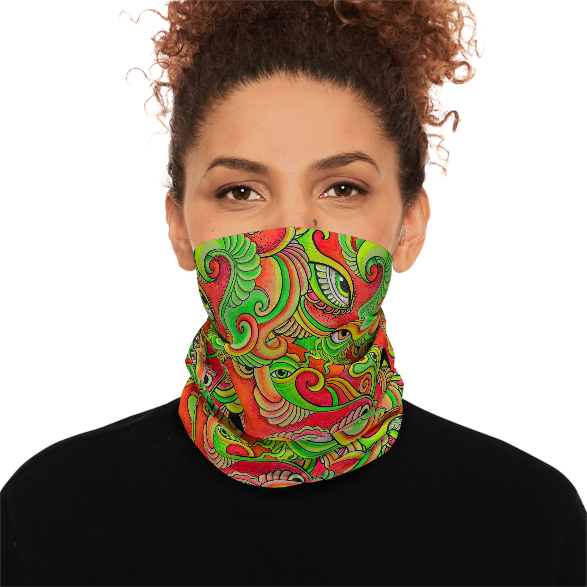 Psychedelic Paisley Winter Neck Gaiter with Drawstring — Bright Green & Orange Thermal Face Warmer #ew865479900