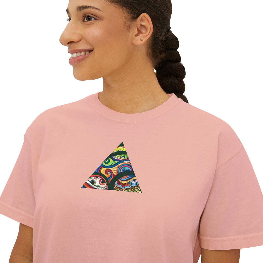 Women's Boxy Tee with Abstract Colorful Triangle (Front) & Heart (Back) Art — Casual Graphic Crop Top #hd9859