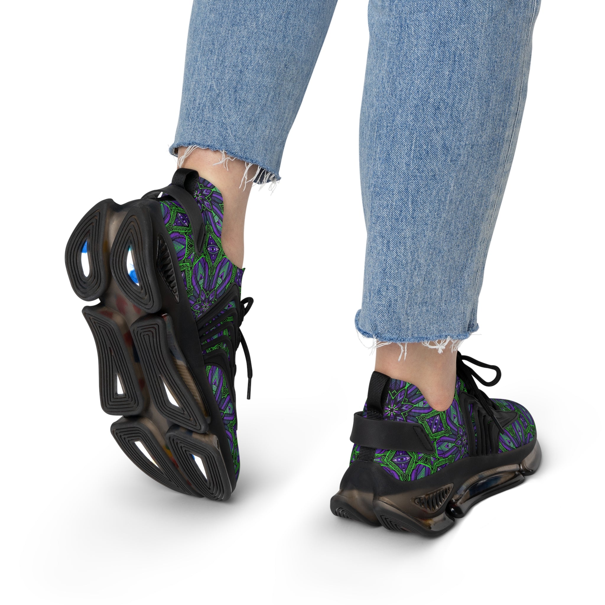 Women's Mesh Sneakers — Purple Green Kaleidoscope Floral Pattern. #it97007