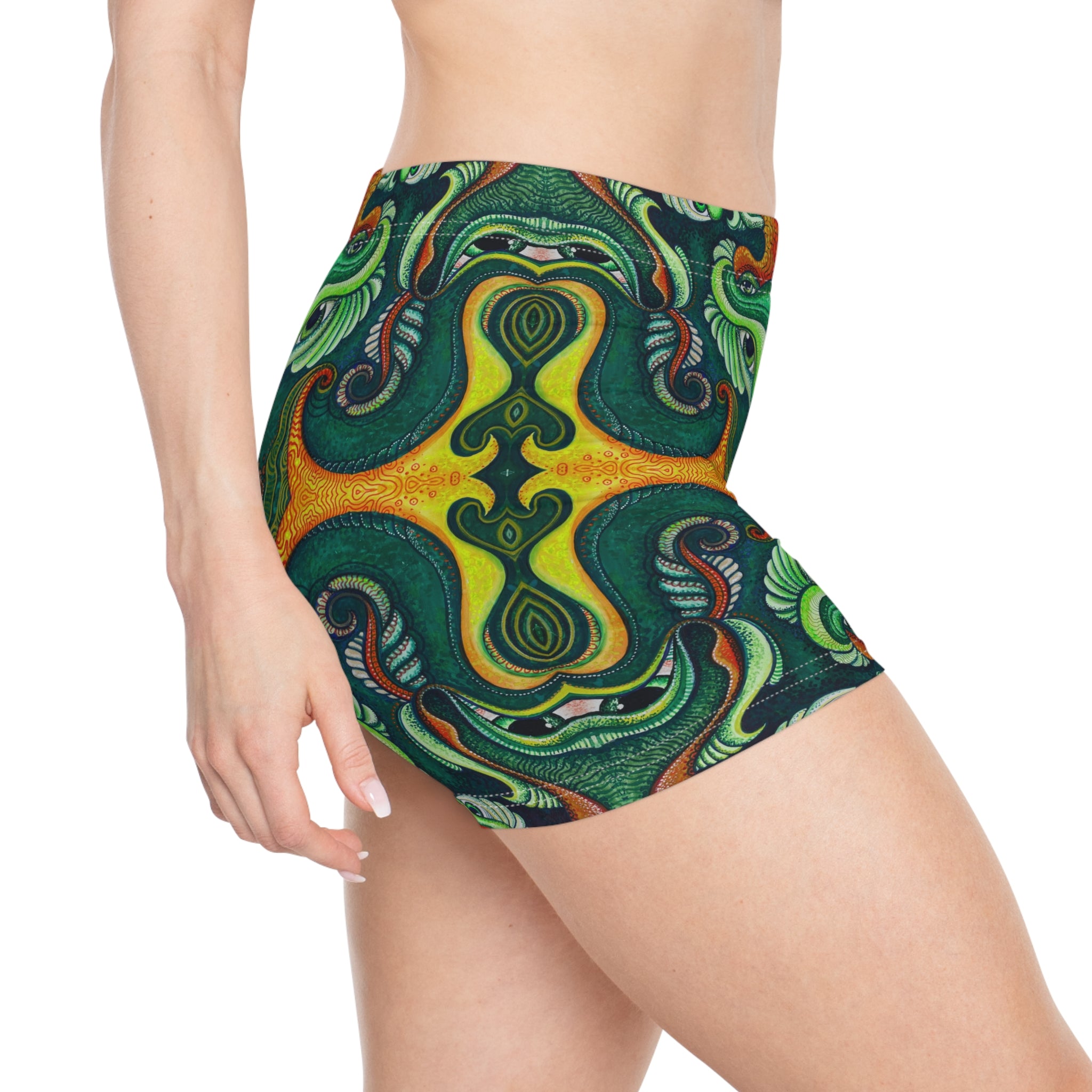 Psychedelic Green Kaleidoscope Women's Shorts — All-Over Print Activewear #f764445