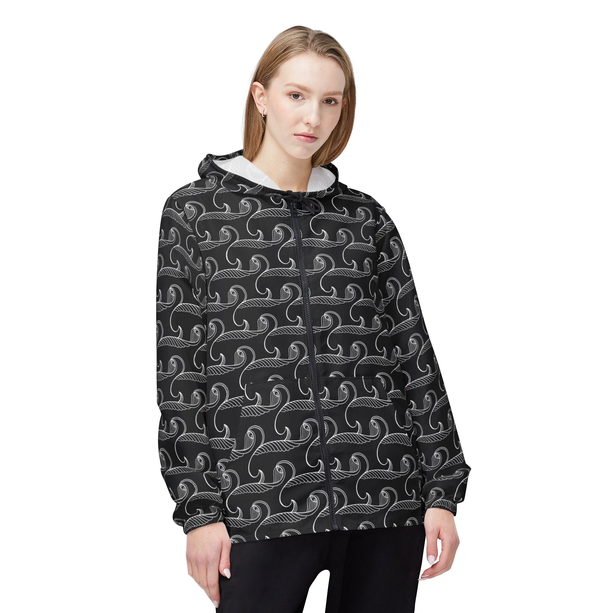 Wave Pattern Windbreaker Jacket — Monochrome Swirl All-Over Print #x7539
