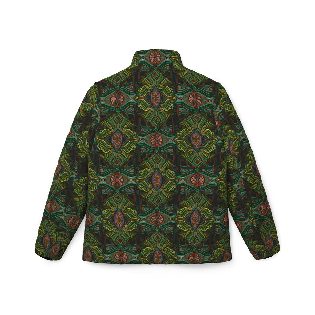 Green Kaleidoscope Women's Puffer Jacket — All-Over Pattern Winter Coat  #pj1