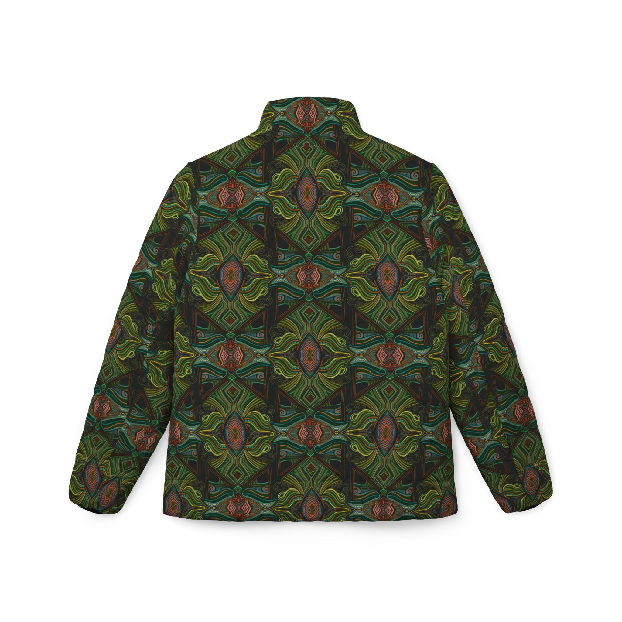 Green Kaleidoscope Women's Puffer Jacket — All-Over Pattern Winter Coat  #pj1