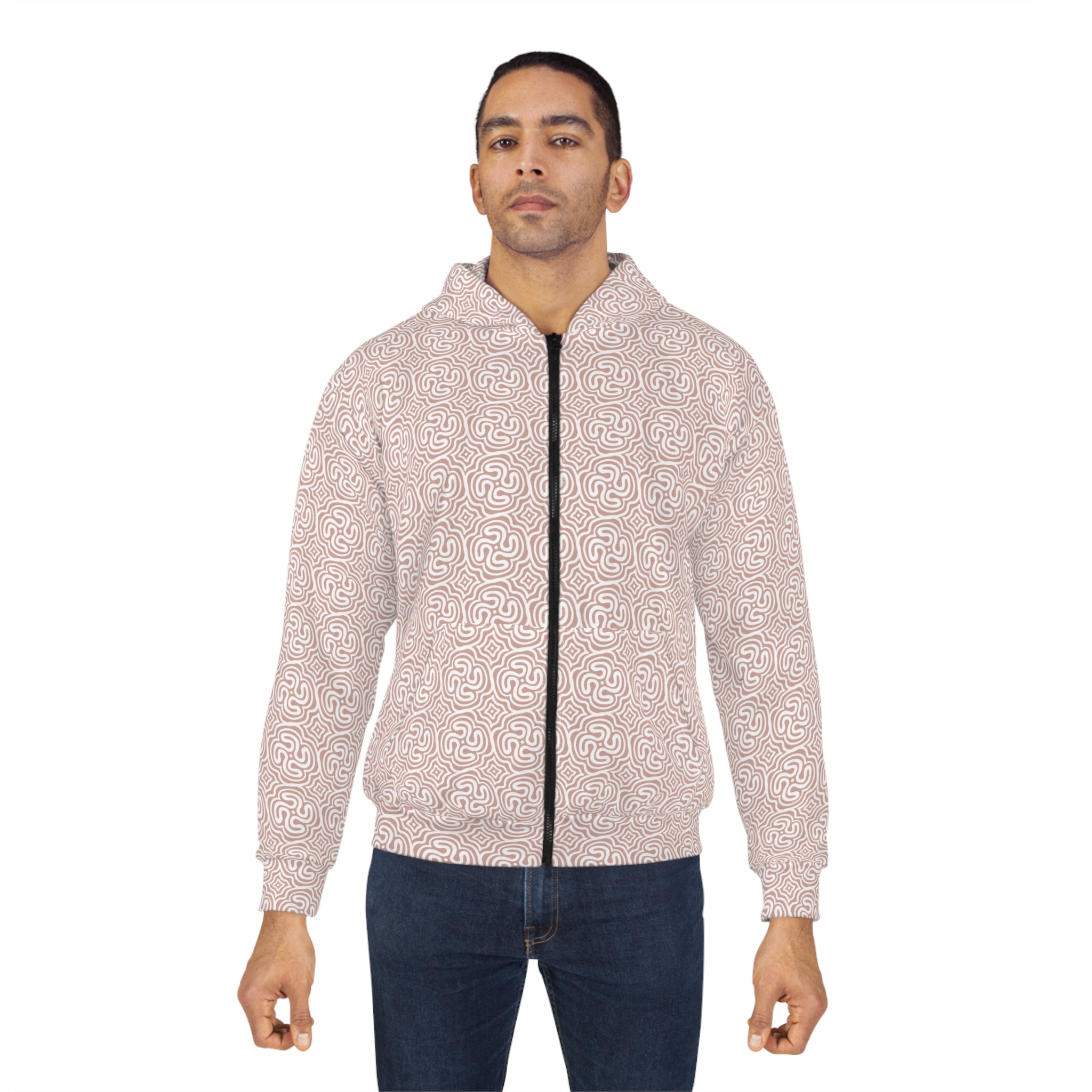 Abstract Maze Pattern Zip Hoodie — Neutral Pink All-Over-Print #y655688