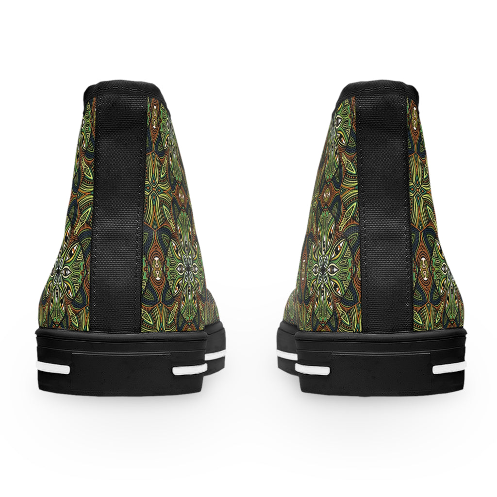 Green Kaleidoscope High Top Sneakers — Women's Floral Patterned Canvas Shoes #hff8440