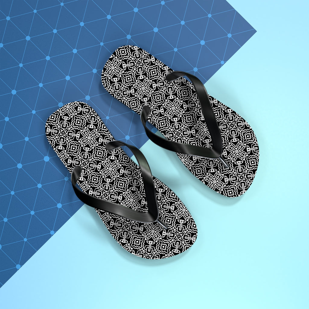 Monochrome Geometric Flip Flops — Black & White Aztec Pattern Beach Sandals #d98646