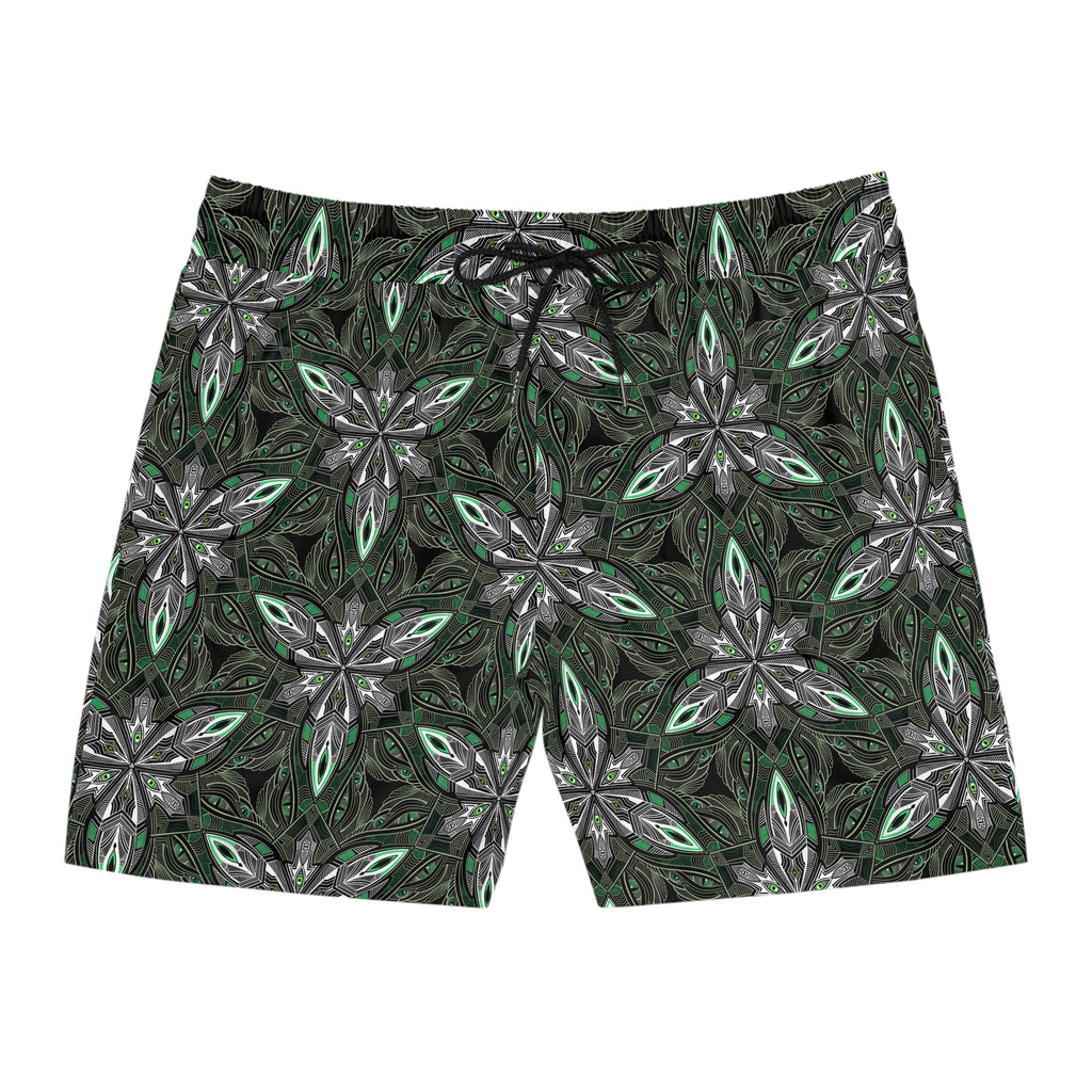 Green Kaleidoscope Swim Shorts — Men's Mid-Length Patterned Beach Trunks. #gd753987