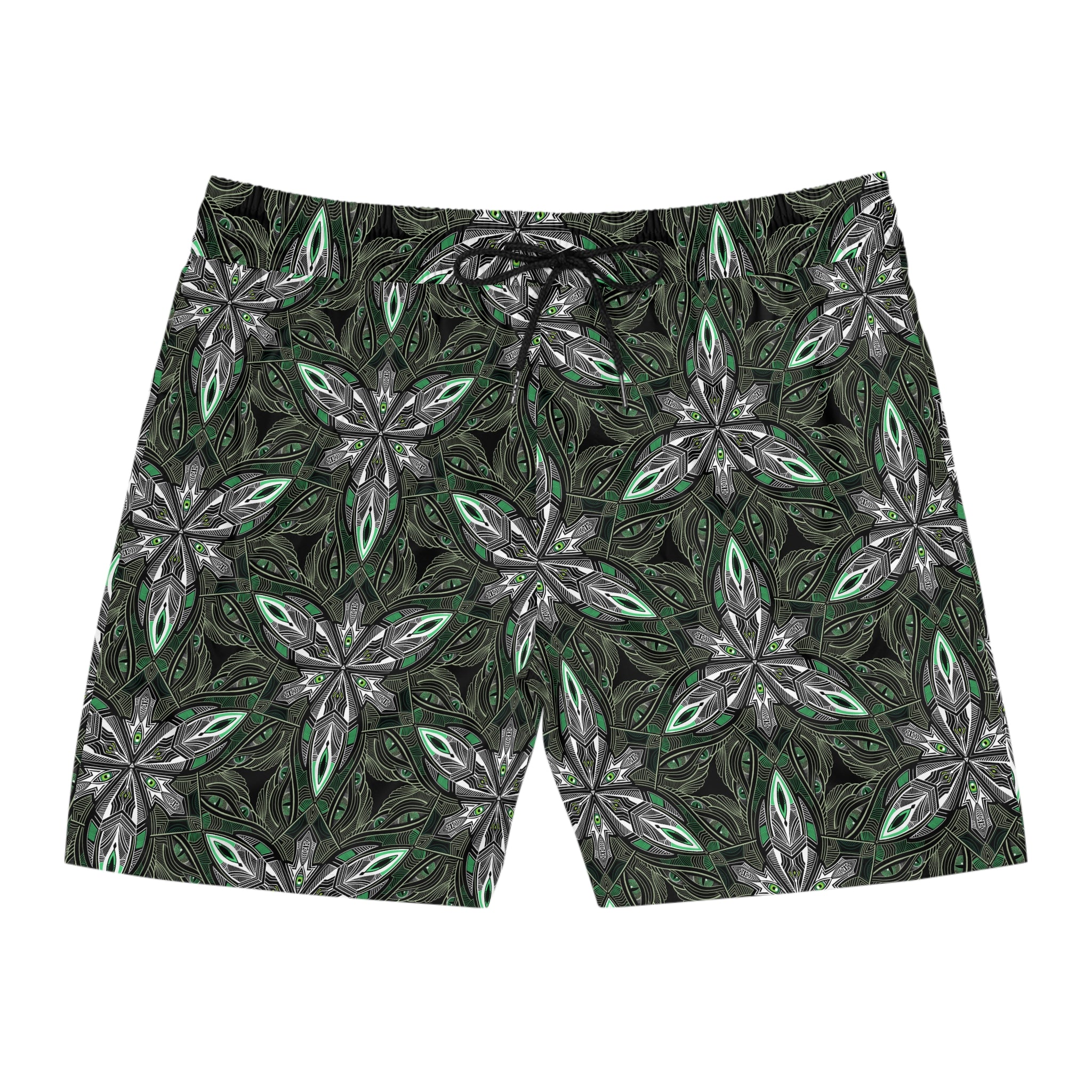 Green Kaleidoscope Swim Shorts — Men's Mid-Length Patterned Beach Trunks. #gd753987