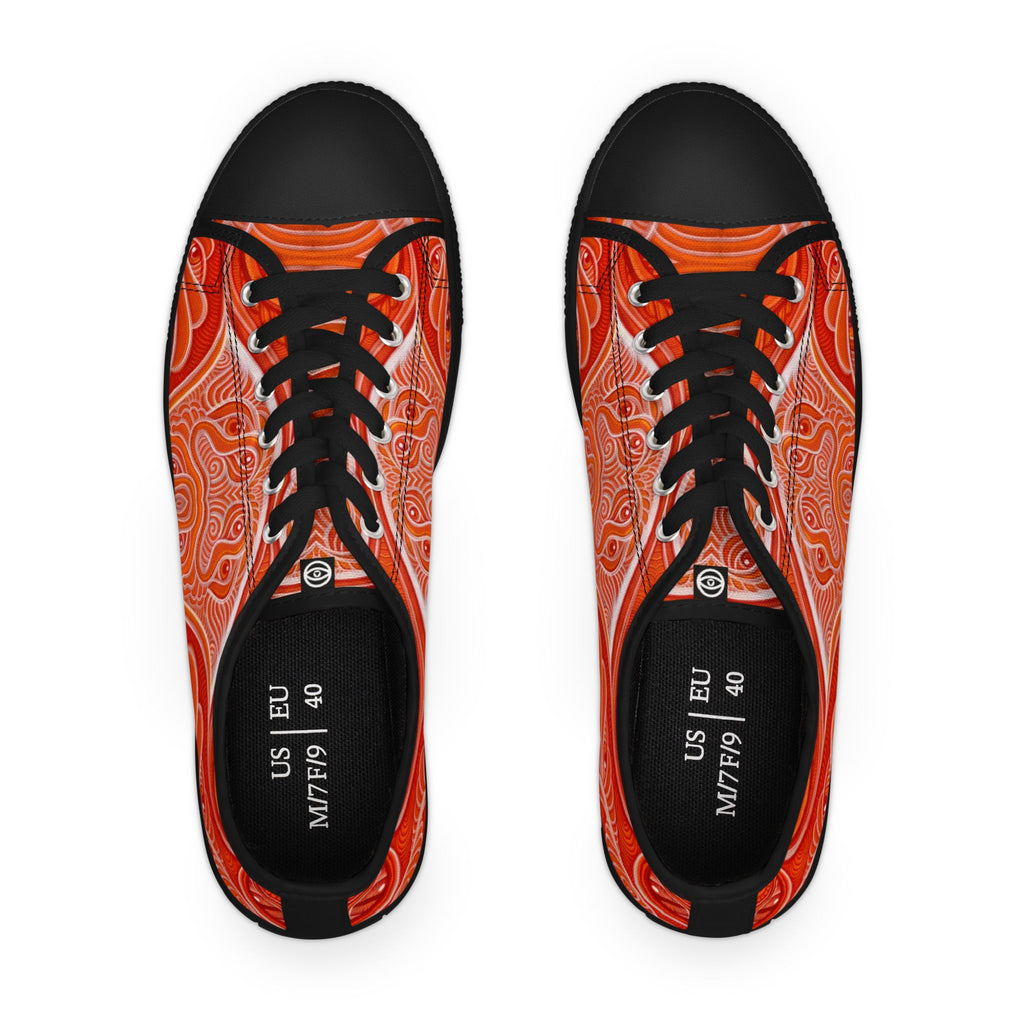 Women's Low Top Sneakers — Red Abstract Swirl Canvas Shoes, Artistic Casual Lace-Up Trainers #d00422
