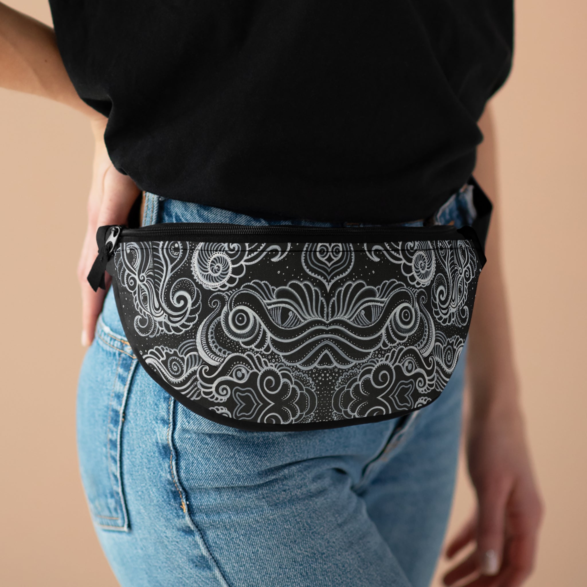 Paisley Swirl Fanny Pack — Black & Grey Boho Waist Bag #fpg345