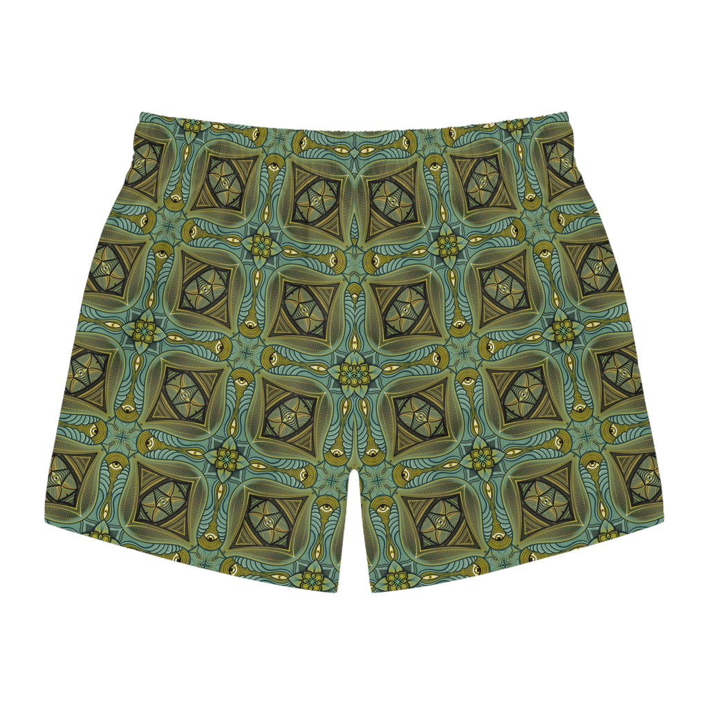 Geometric Teal Mosaic Swim Trunks — Vintage Tile Pattern Beach Shorts #x000043