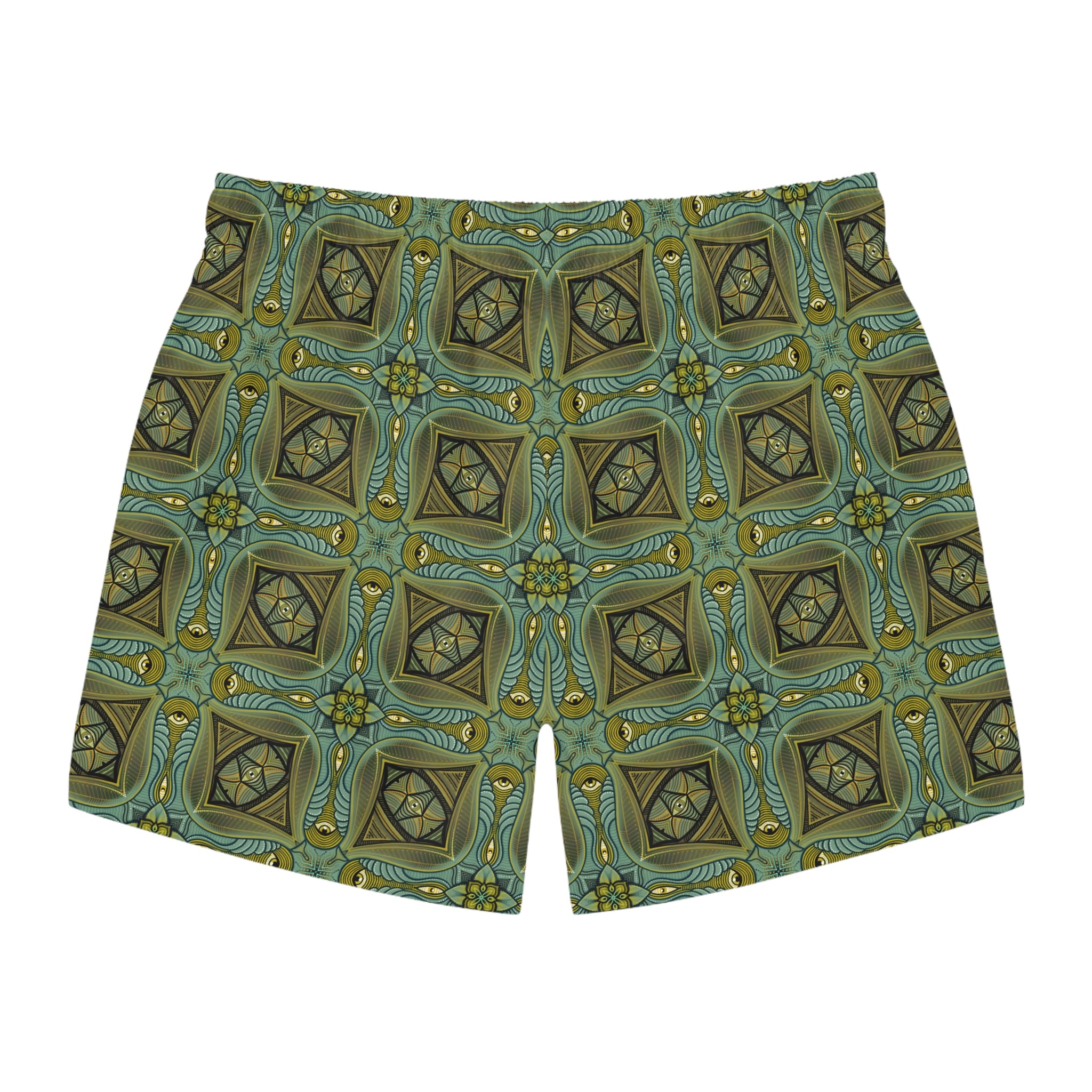 Geometric Teal Mosaic Swim Trunks — Vintage Tile Pattern Beach Shorts #x000043