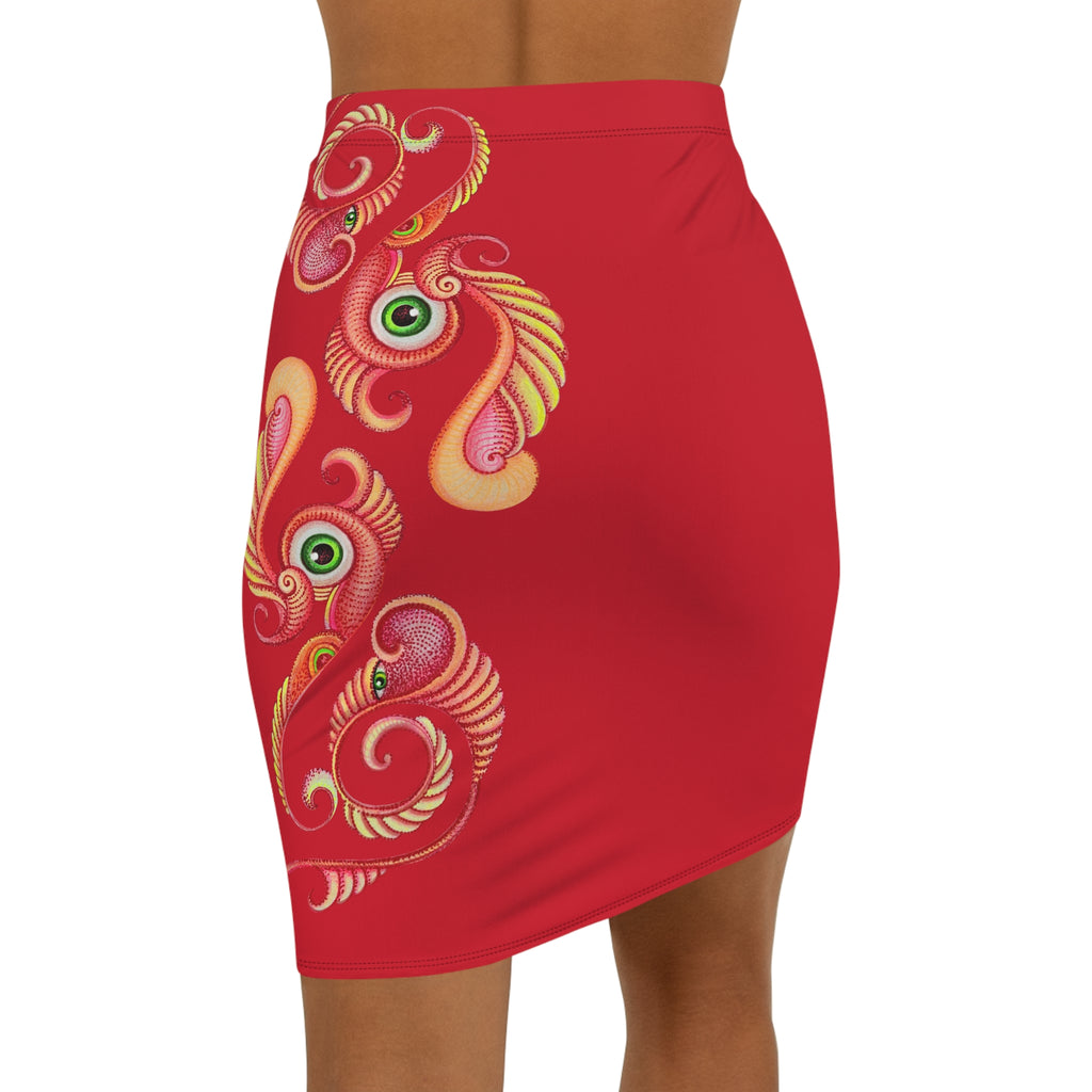 Red Peacock Feather Pencil Skirt — Elegant Mid-Waist Bodycon #u7739