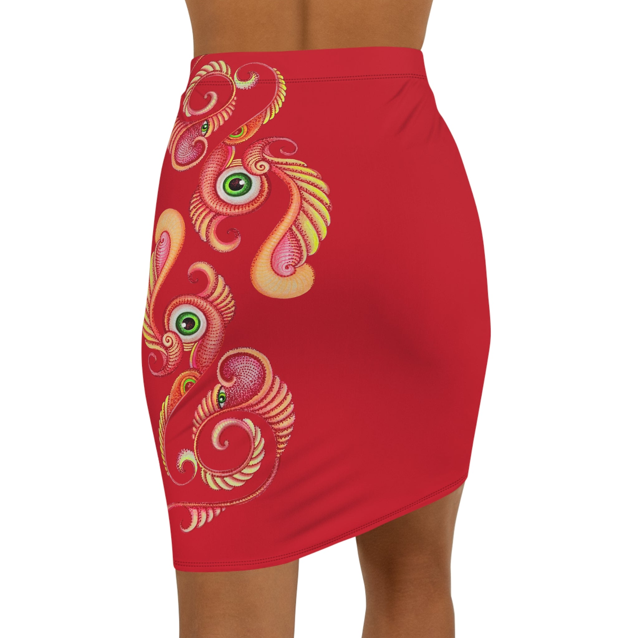 Red Peacock Feather Pencil Skirt — Elegant Mid-Waist Bodycon #u7739