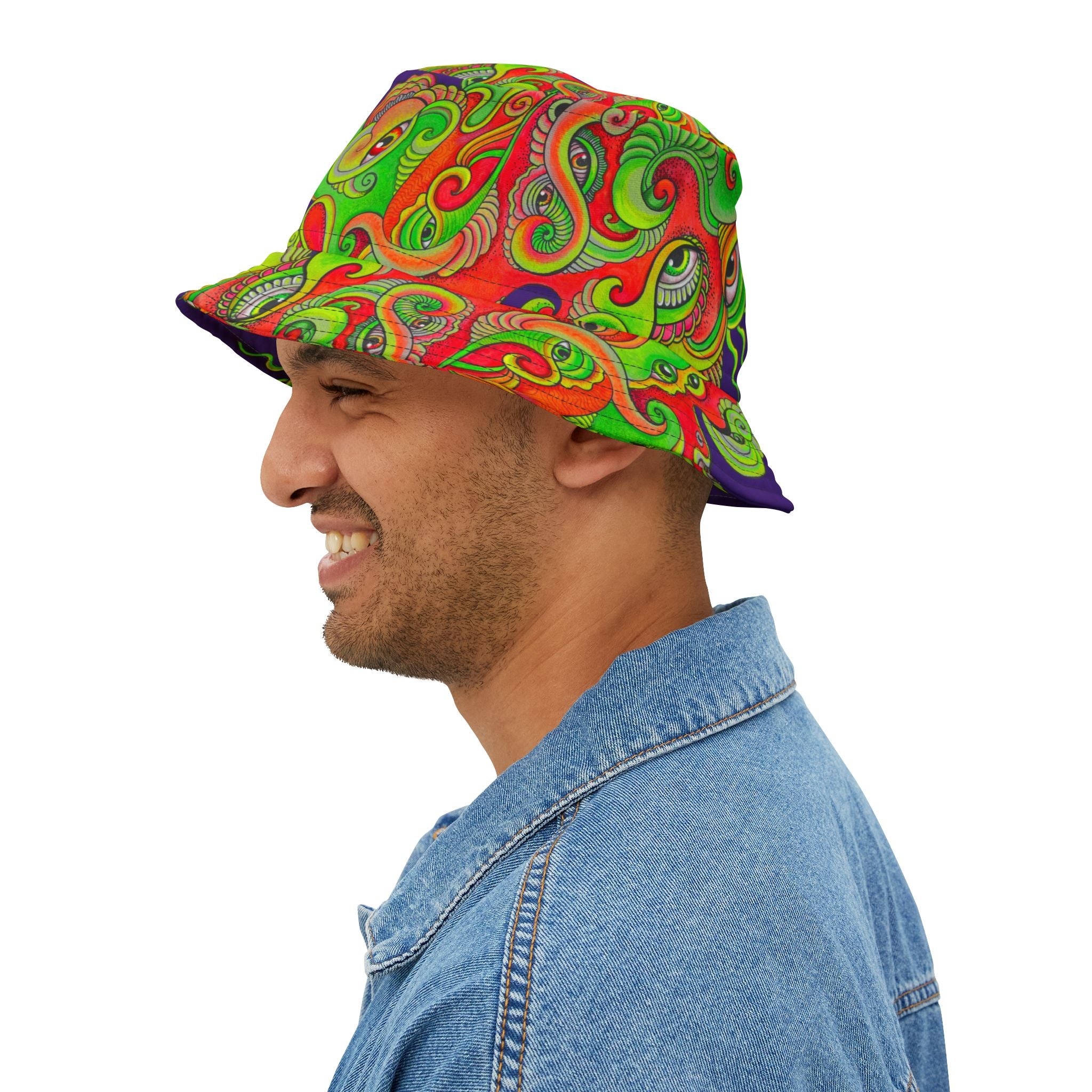 Psychedelic Paisley Bucket Hat — Vibrant Neon Swirl Festival Hat #h08754