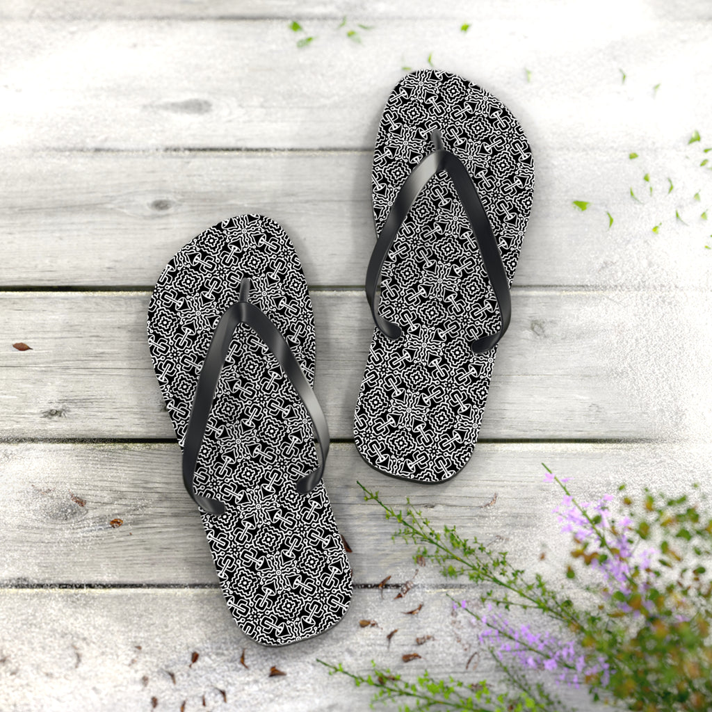 Monochrome Geometric Flip Flops — Black & White Aztec Pattern Beach Sandals #d98646