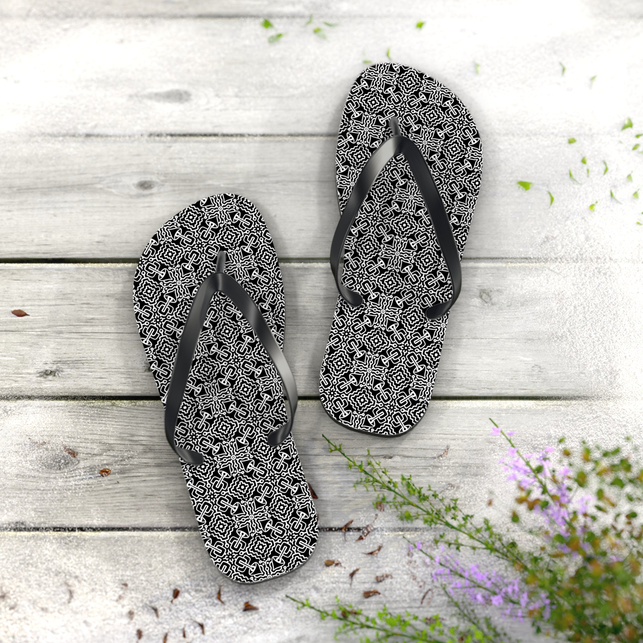Monochrome Geometric Flip Flops — Black & White Aztec Pattern Beach Sandals #d98646