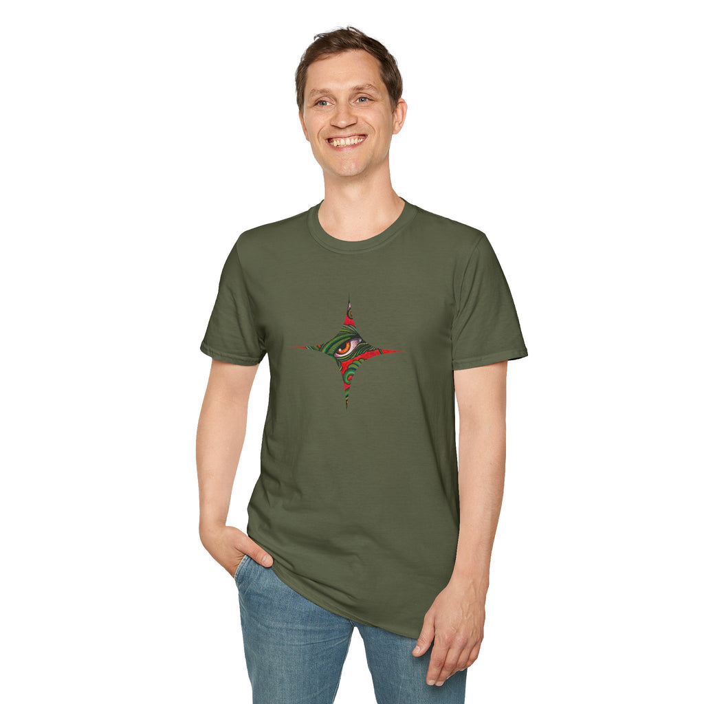Geometric Tribal Eye Tee — Abstract Red & Green Triangle Graphic T-Shirt #sx432177