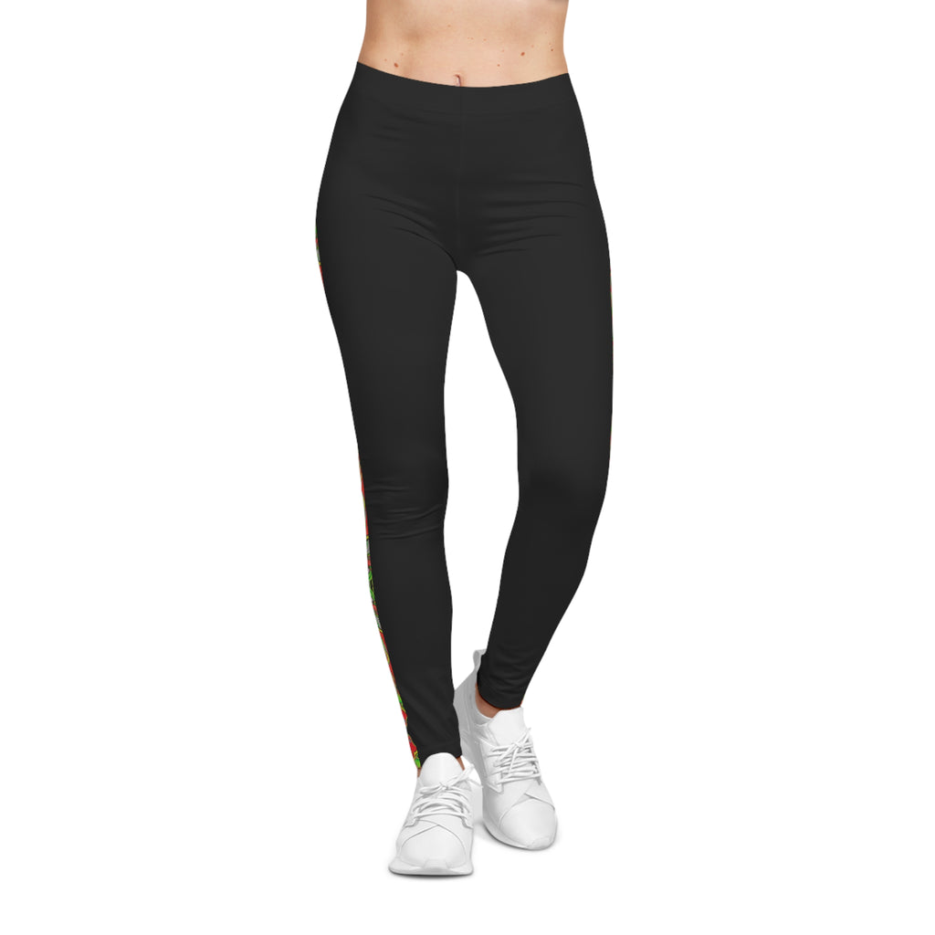 Black Leggings with Festive Red & Green Side Stripe — Women's Casual Holiday Activewear. #g7654456