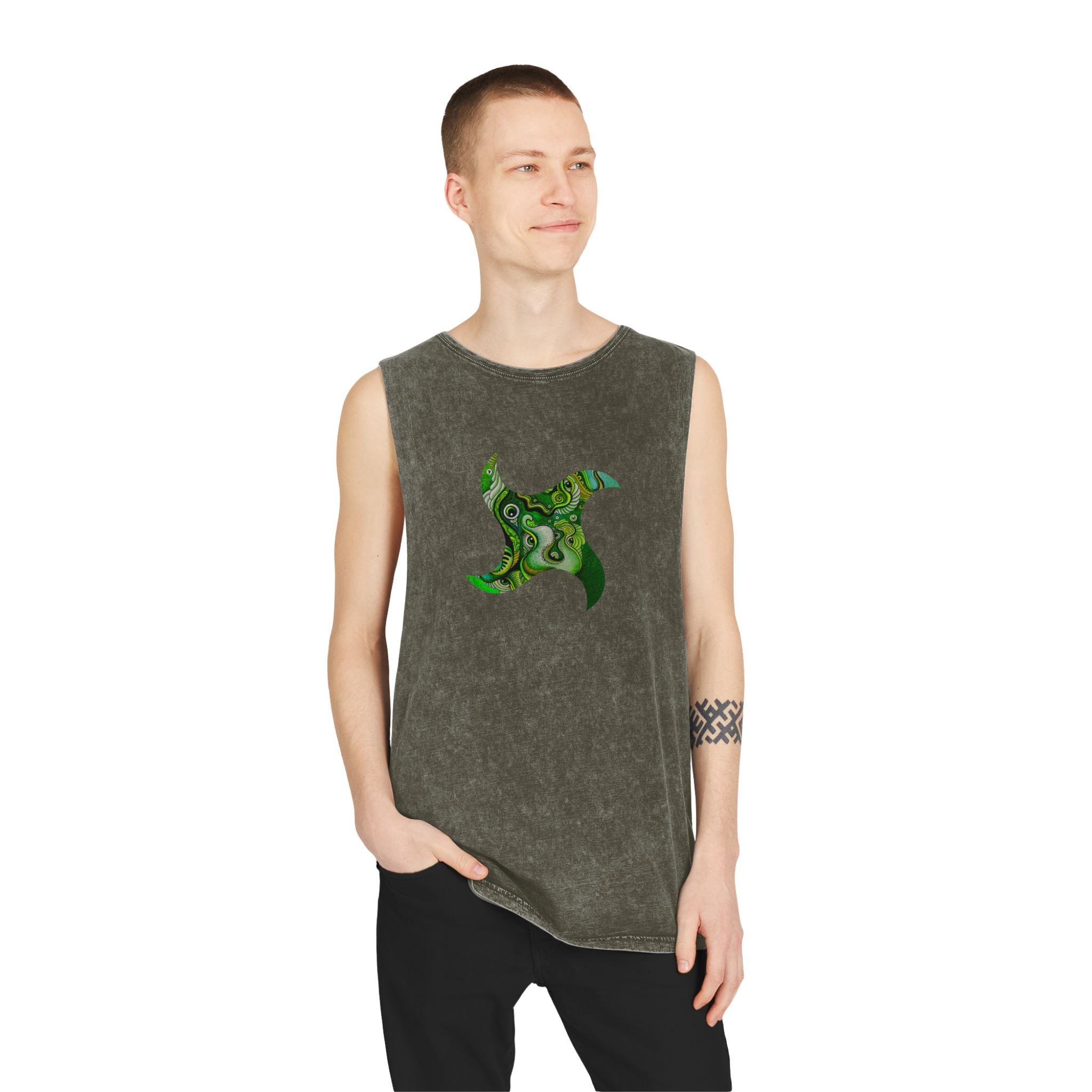 Stonewash Tank Top — Green Psychedelic Keyhole Design #sdf225598