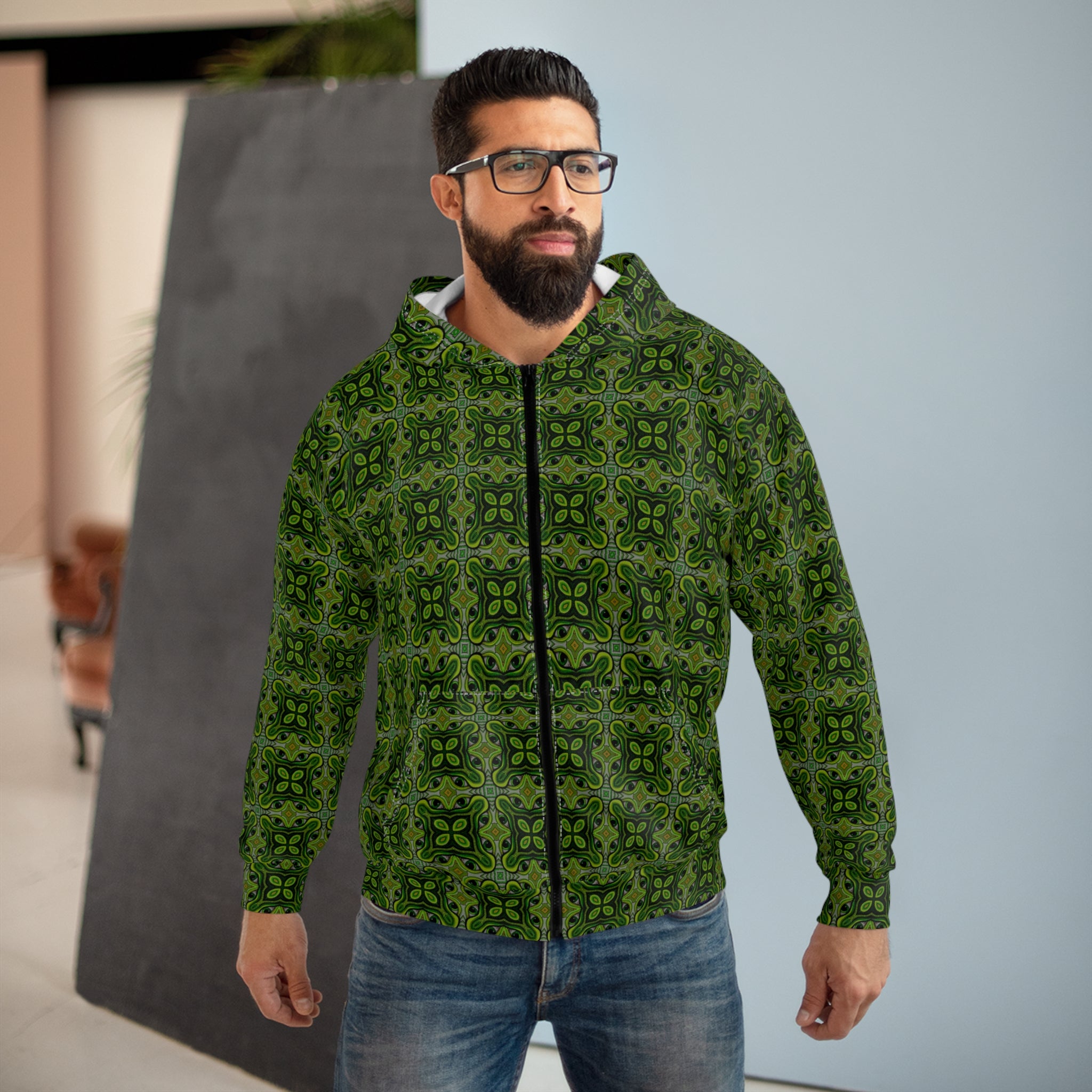 Green Celtic Tile Zip Hoodie - All-Over Print Pattern #h986467