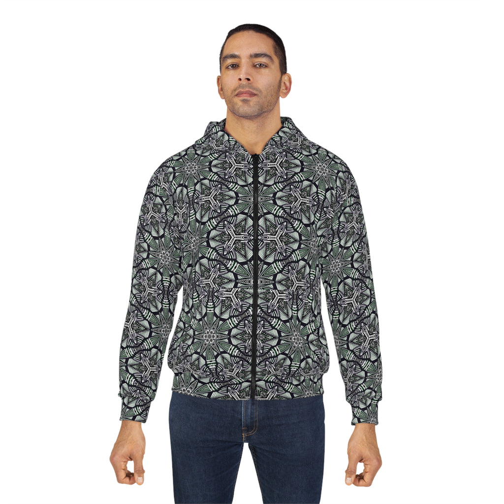 Kaleidoscope Geo Zip Hoodie — Green Black All-Over Print #f087497