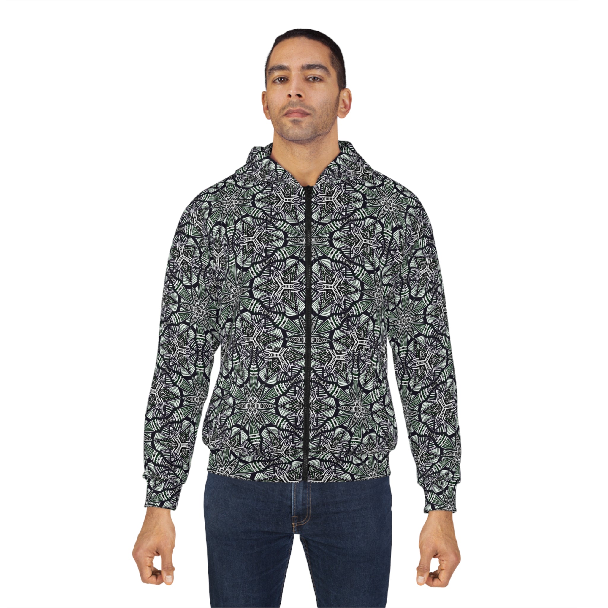 Kaleidoscope Geo Zip Hoodie — Green Black All-Over Print #f087497