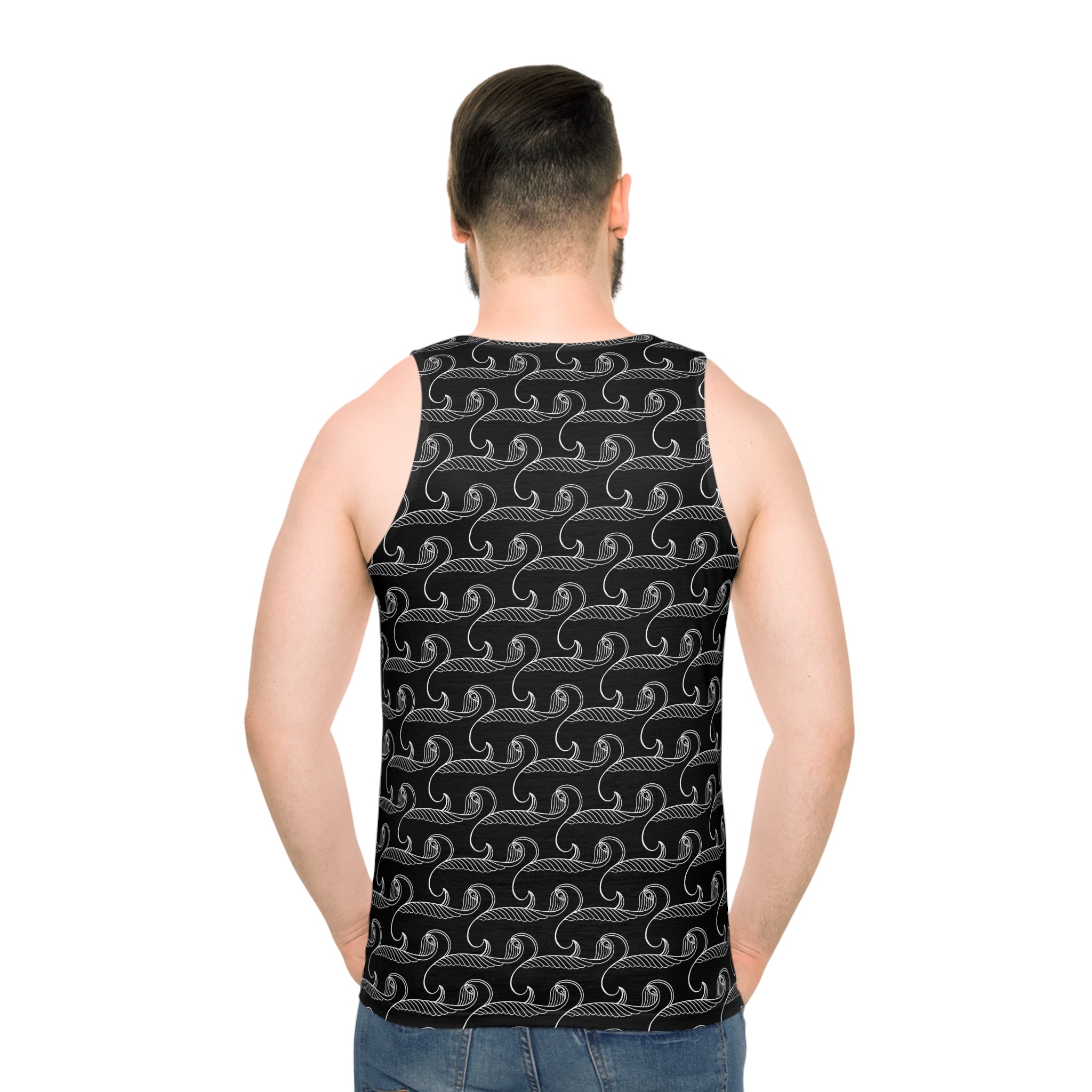 Ocean Wave Pattern Tank Top — Black Nautical All-Over Print #y43278