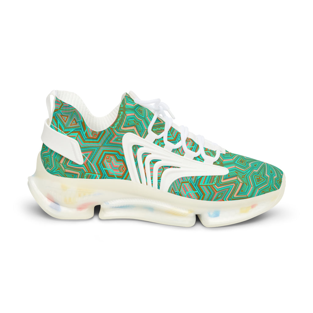 Green Geometric Mesh Sneakers — Men's Athletic Shoes with Kaleidoscope Pattern #khf87656