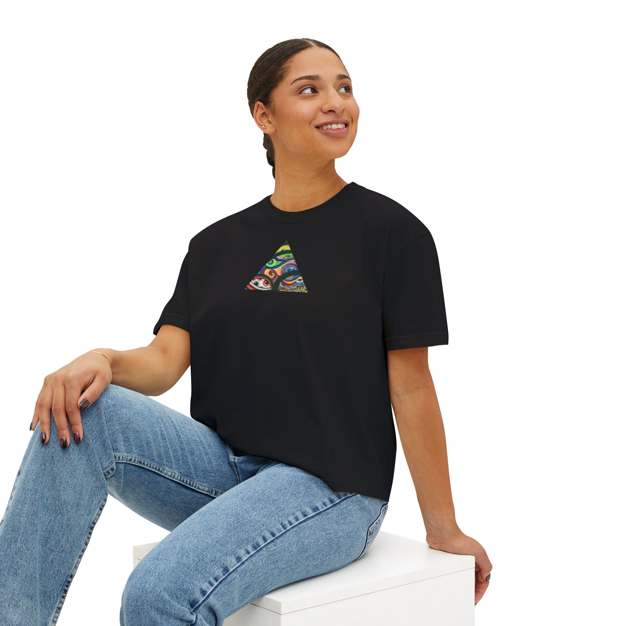 Women's Boxy Tee with Abstract Colorful Triangle (Front) & Heart (Back) Art — Casual Graphic Crop Top #hd9859