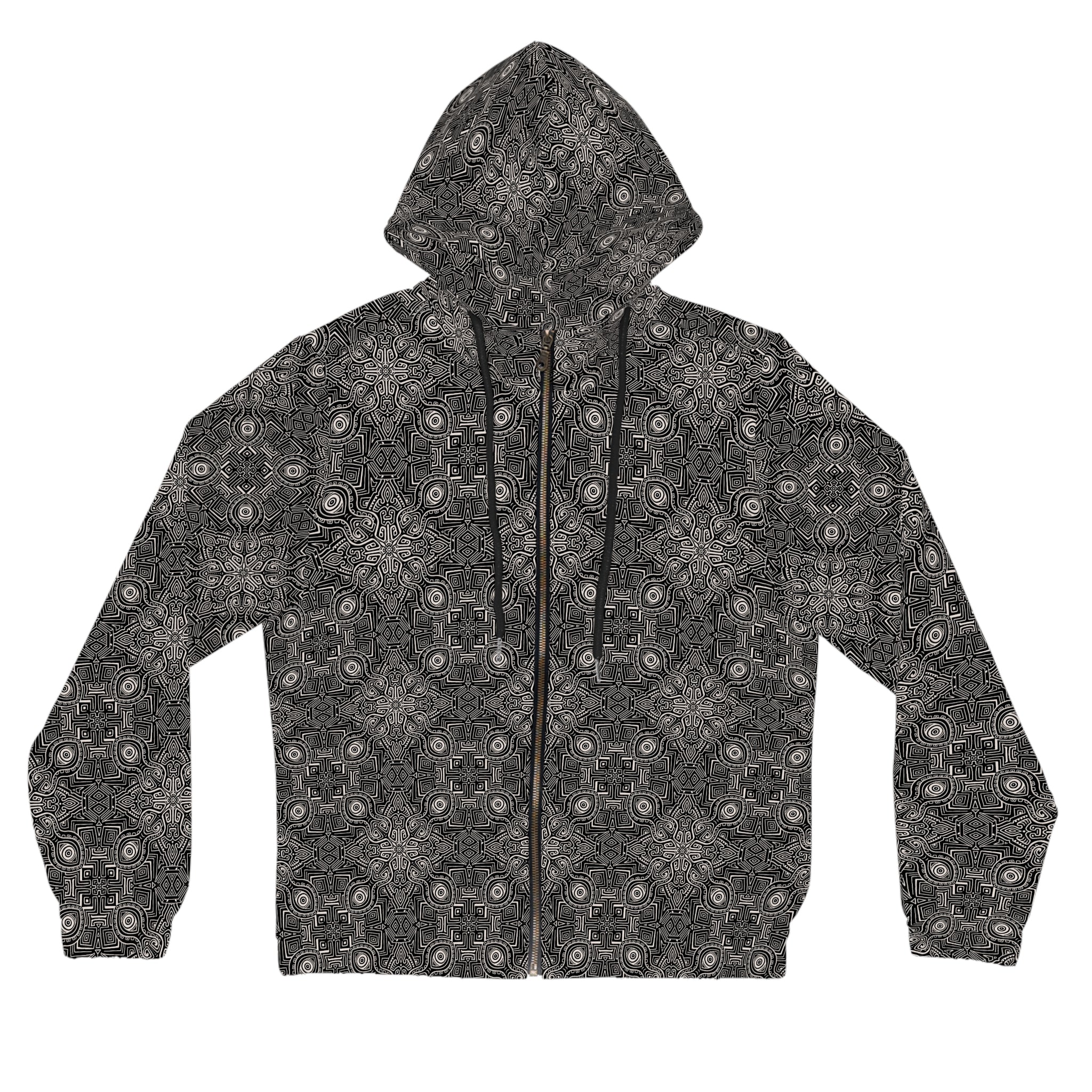 Patterned Women’s Zip Hoodie — Black Geometric All-Over Print #s2345522