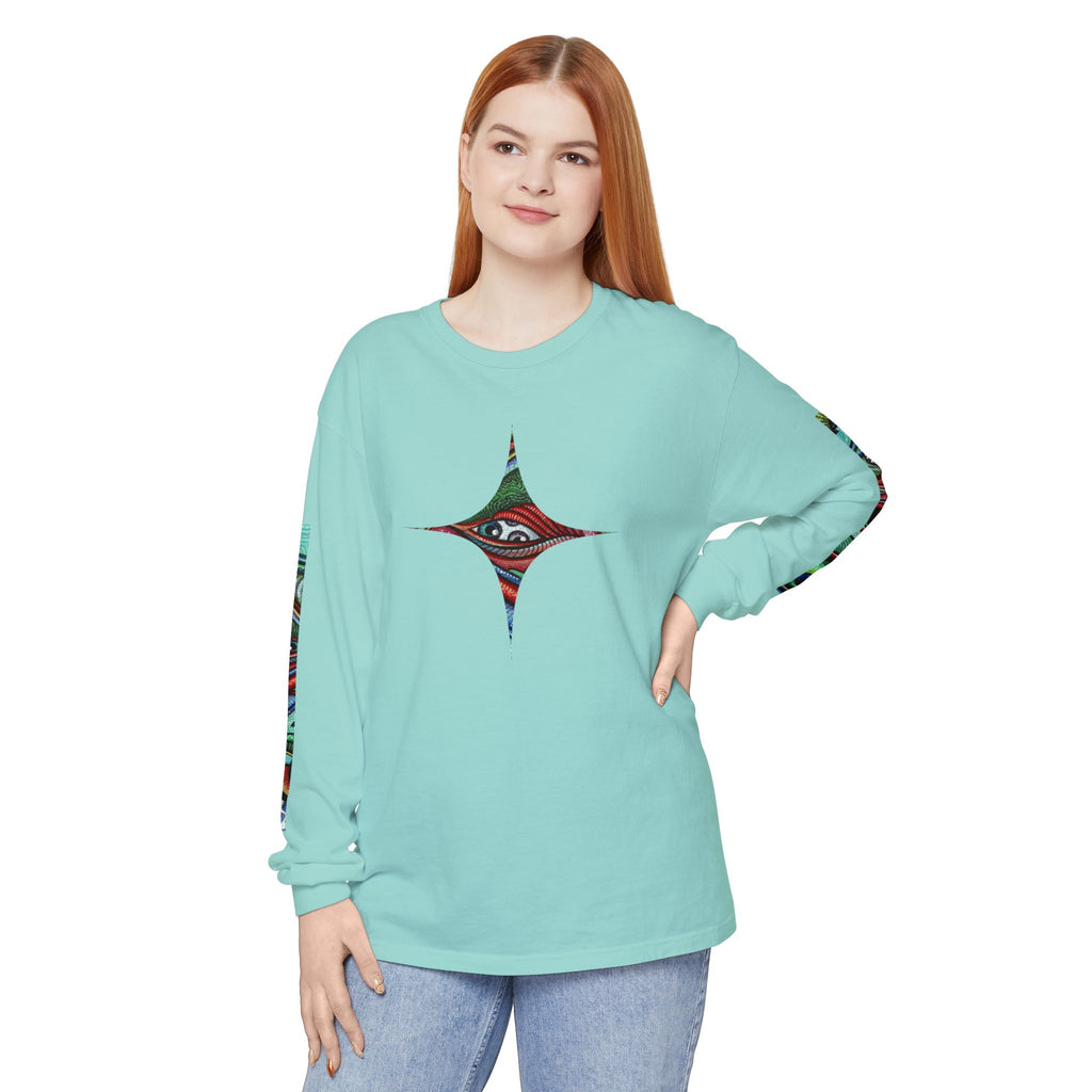 Psychedelic Starburst Long Sleeve Tee — Colorful Eye & Sleeve Stripe Design #k976344
