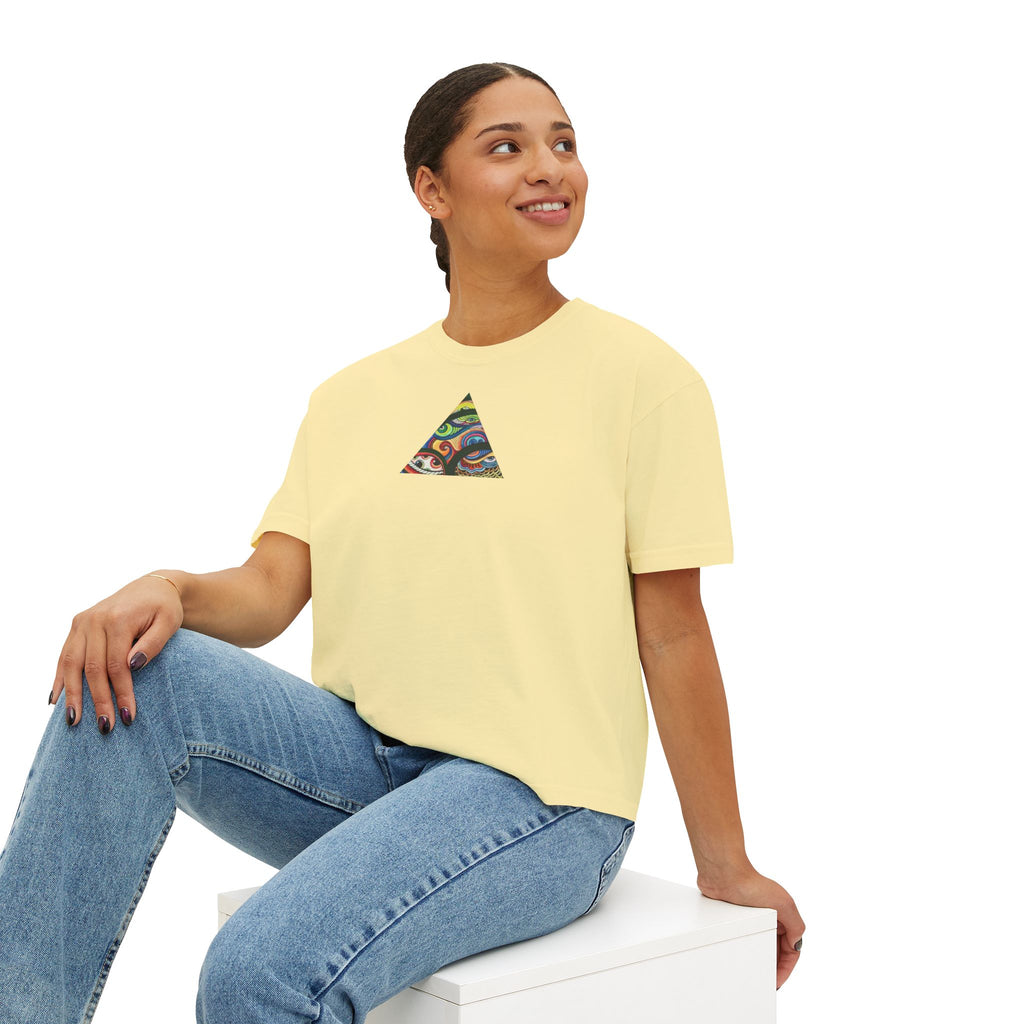 Women's Boxy Tee with Abstract Colorful Triangle (Front) & Heart (Back) Art — Casual Graphic Crop Top #hd9859