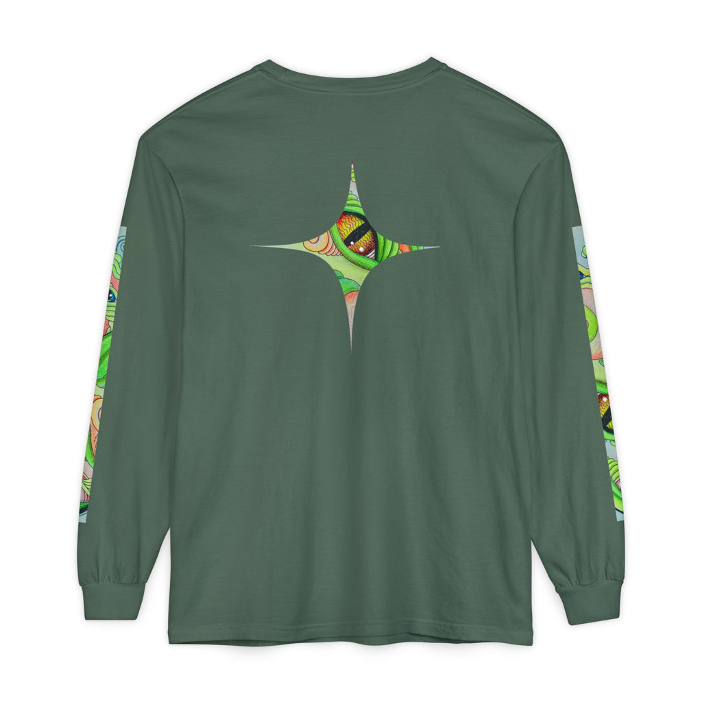 Psychedelic Green Triangle Long Sleeve Tee — Tribal Star Sleeve Artwork #gf086357