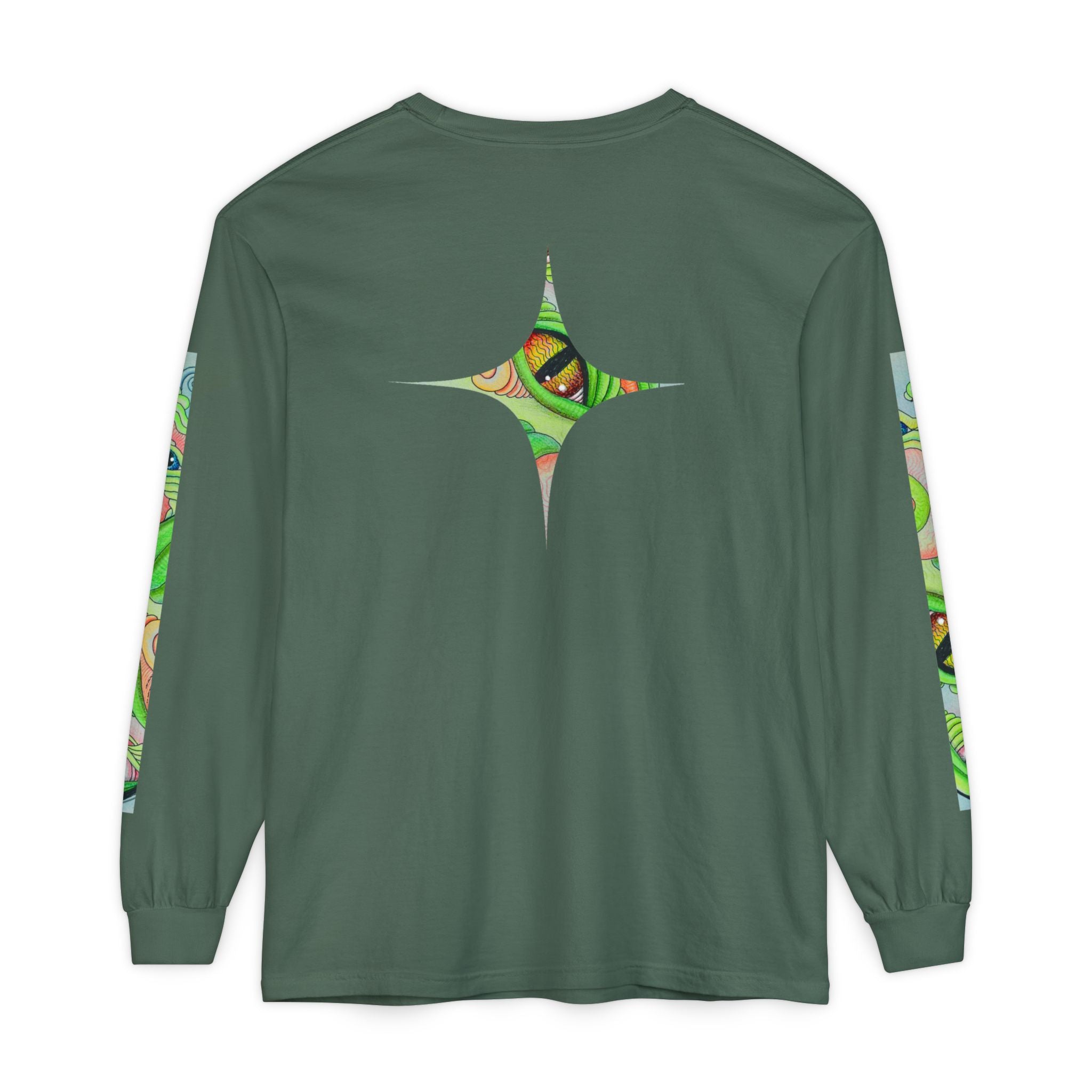 Psychedelic Green Triangle Long Sleeve Tee — Tribal Star Sleeve Artwork #gf086357