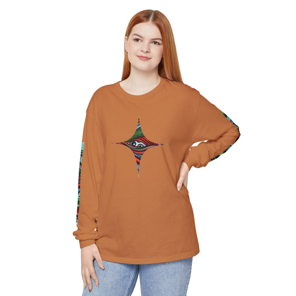 Psychedelic Starburst Long Sleeve Tee — Colorful Eye & Sleeve Stripe Design #k976344