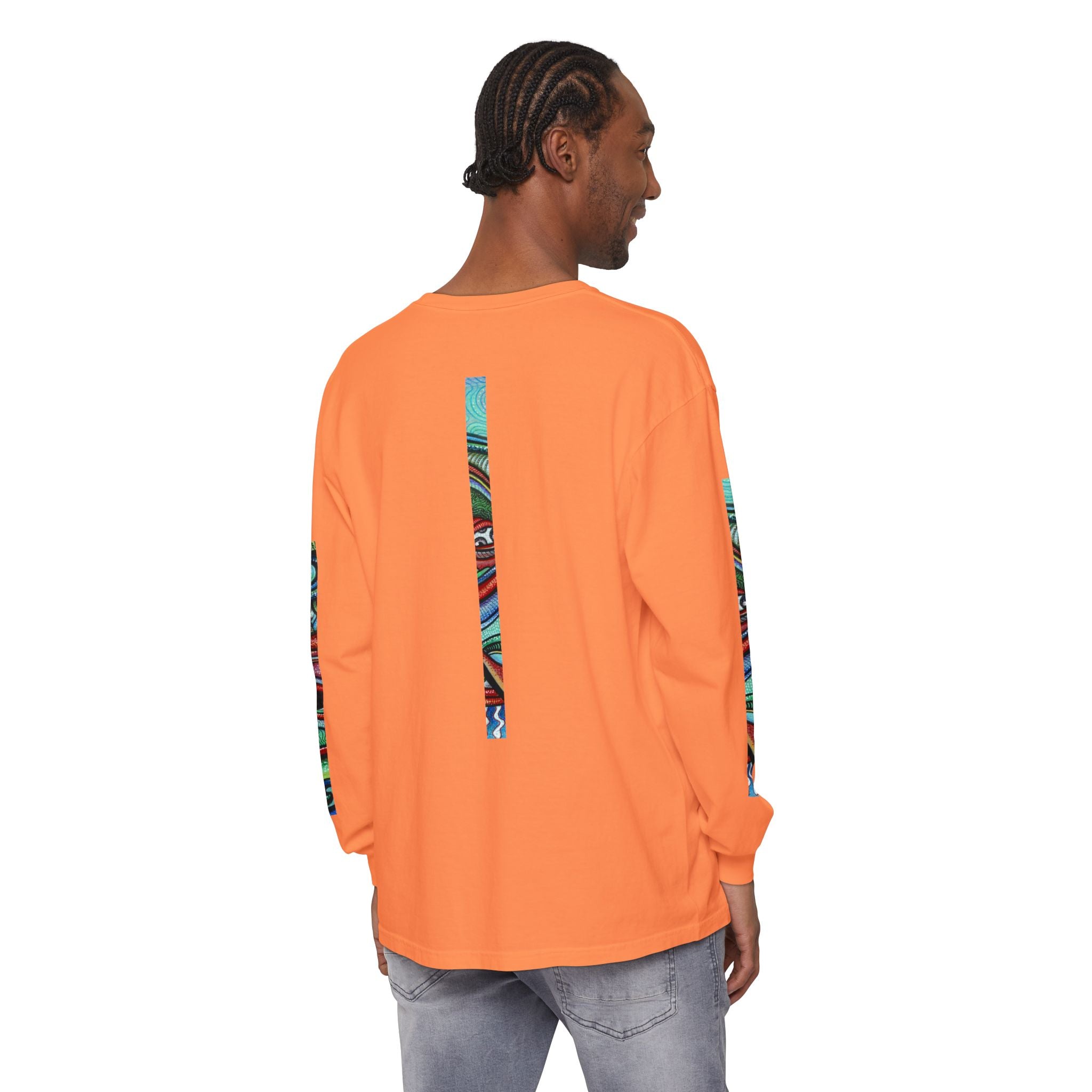 Psychedelic Starburst Long Sleeve Tee — Colorful Eye & Sleeve Stripe Design #k976344
